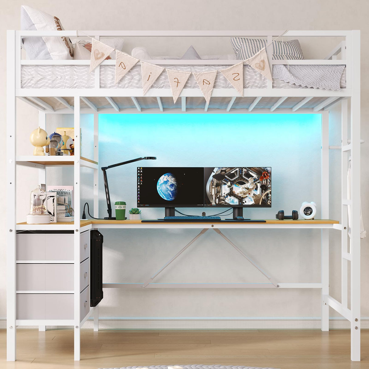 DICTAC Twin Loft Bed with L-Shaped Desk, LED Lights & Charging Station – Space-Saving Metal Frame with Storage Shelves & Drawers in White DICTAC