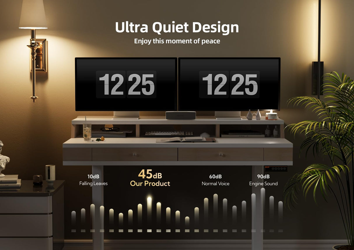 Claiks Standing Desk with Drawers, Electric Adjustable Standing Desk Adjustable Height, Sit Stand Up Desk with Storage Shelves & Wheels, 55 Inch White Claiks