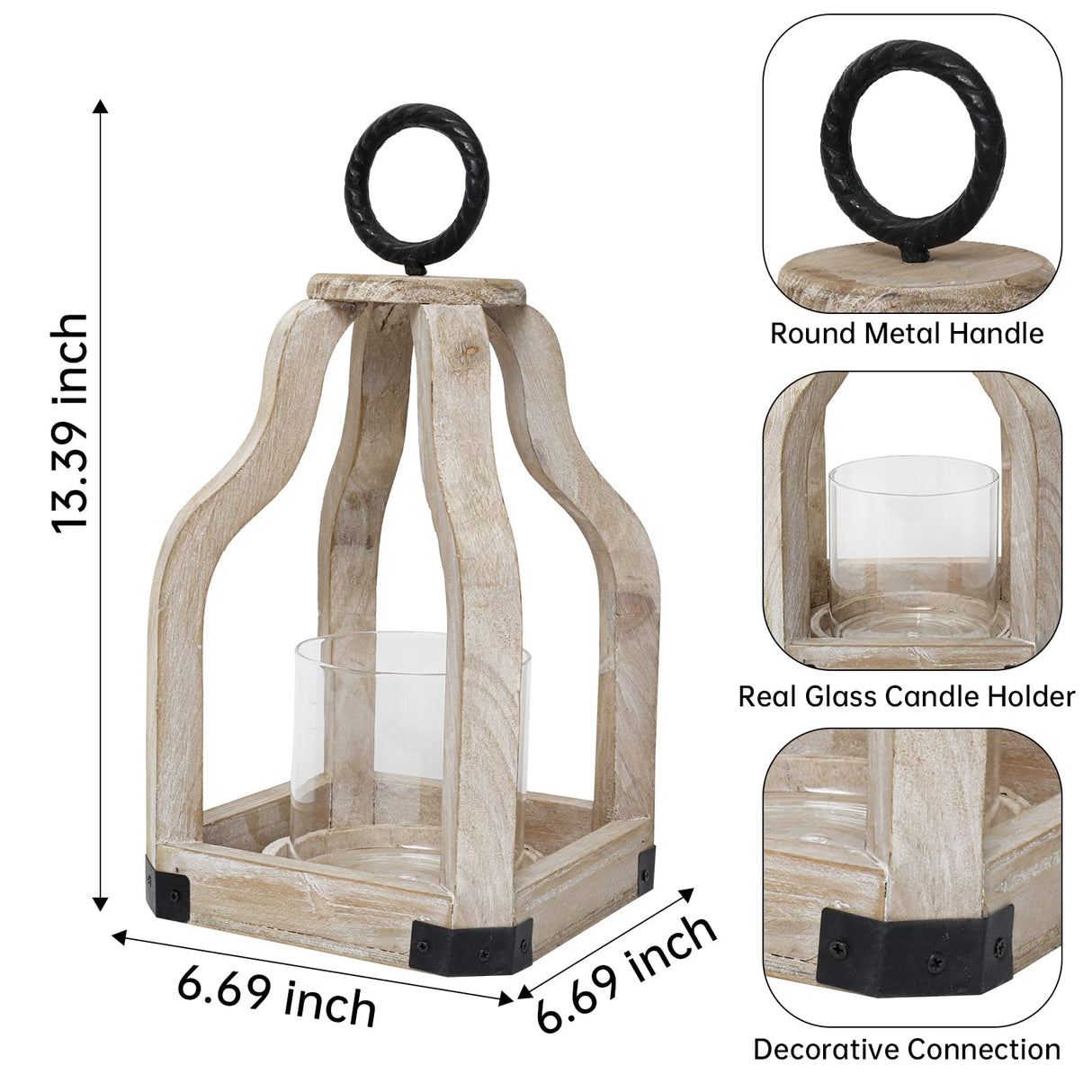 SWALLOWLIVING 13" Rustic Farmhouse Wood Candle Hurricane Lantern with Glass Candlestick Holder for Patio, Table Centerpiece, White Washed SwallowLiving