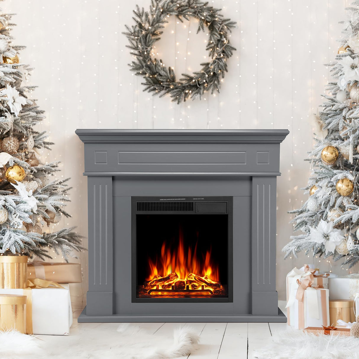 43 Inch Electric Fireplace with Mantel Wooden Surround Firebox TV Stand,FreeStanding Electric Fireplace Heater Entertainment Center,Adjustable Led Flame,750W-1500W,Grey ZAFRO