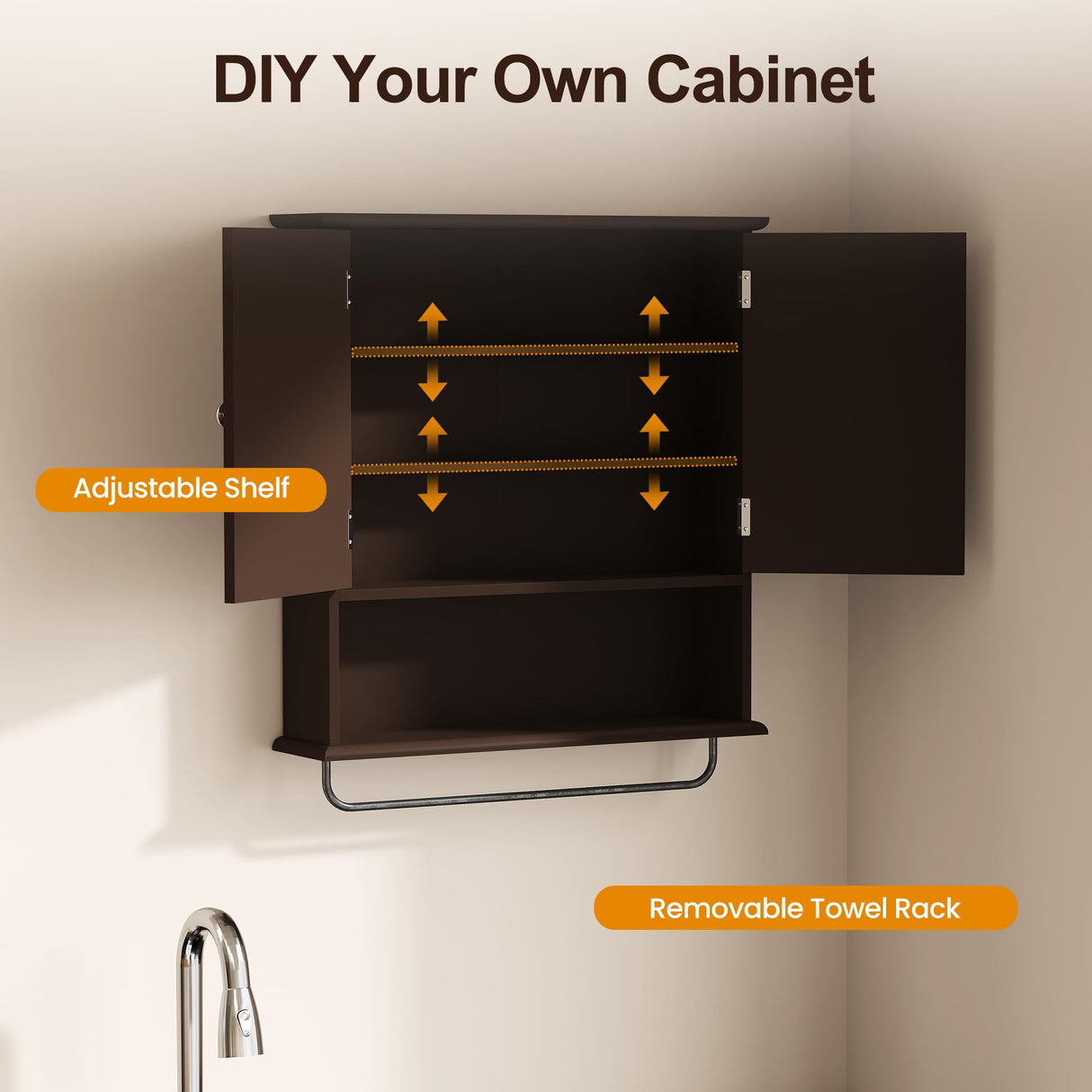 RoyalCraft Bathroom Medicine Cabinet Wall Mounted, Over The Toilet Storage Cabinet with Towel Rack and Adjustable Shelf, Large Bathroom Towel Cabinet Wall Mount 22 * 25 inch (Brown) RoyalCraft