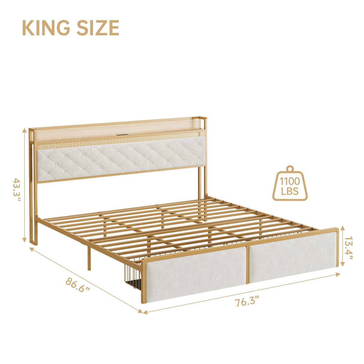 GarveeHome King Bed Frame with 2 Storage Drawers, LED Bed Frame with 2-Tier Storage Headboard&Charging Station, Metal Platform Bed Frame, No Box Spring Needed, Noise Free, White GarveeHome