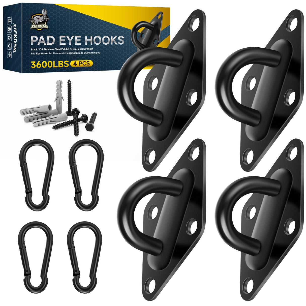 Hammock Hooks Hanging kit- Hammock Hooks Heavy Duty with 4Pcs M10 304 Stainless Steel Pad Eye Hooks, 4Pcs 10MM Snap Hooks,16Pcs Heavy-Duty Screws- Hammock hook for Wall/Ceiling Mount Indoor & Outdoor XIEKRAB