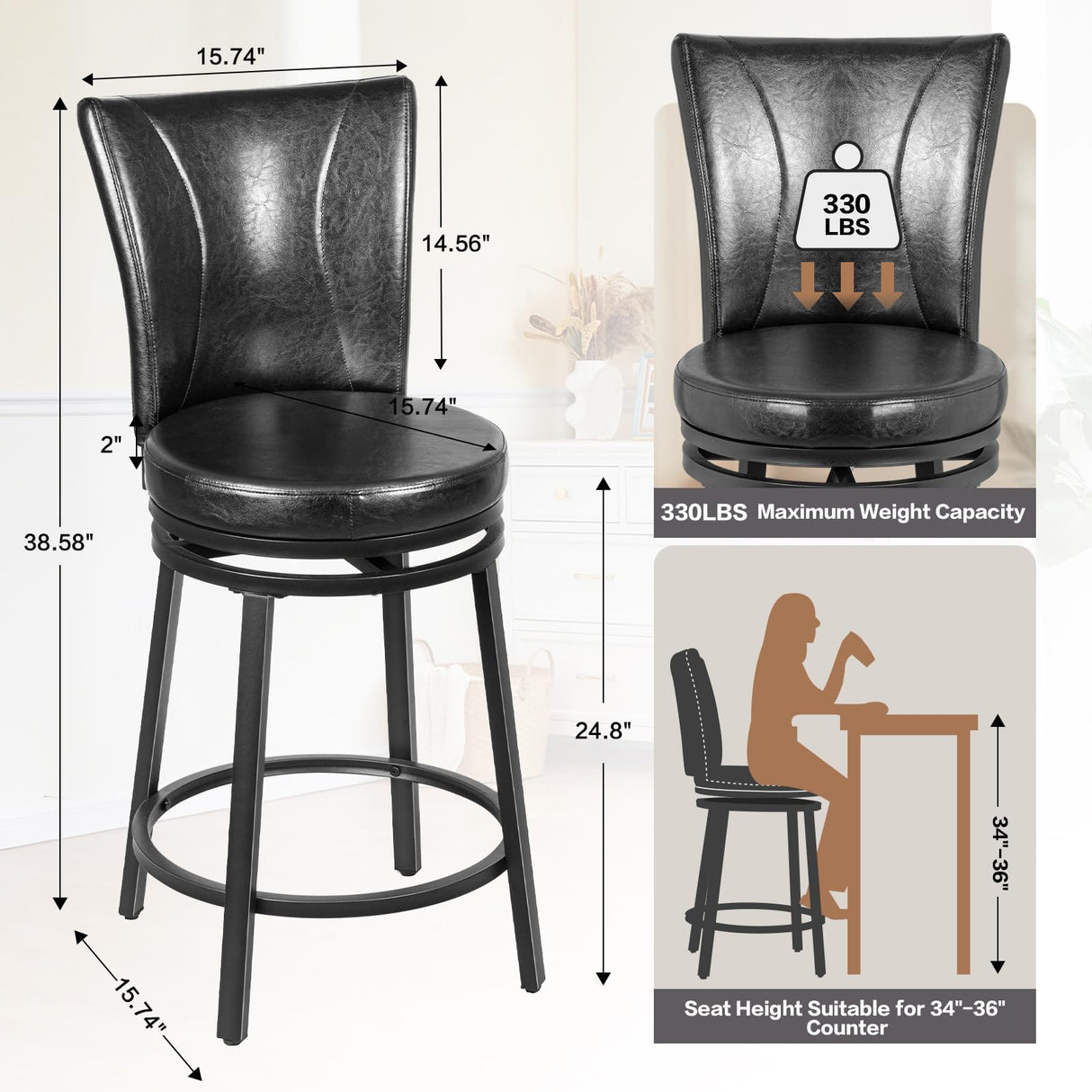 FLYZC Bar Stools Set of 2, Counter Height Swivel Bar Chair with High Backrest, 24" Round Seat Barstools for Kitchen Island, Pub, Metal Base, Upholstered PU Leather Dining Chairs Black FLYZC