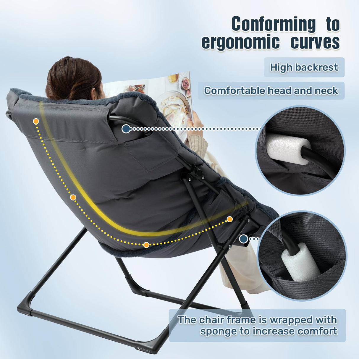 HollyHOME X-Large Saucer Chair, Comfy Oversized Folding Chair, Faux-Fur Reading Chair for Teens, Adults, Foldable Accent Lazy Chair, Metal Frame Lounge Chair for Living Room, Bedroom, Dorm, Navy Blue HollyHOME