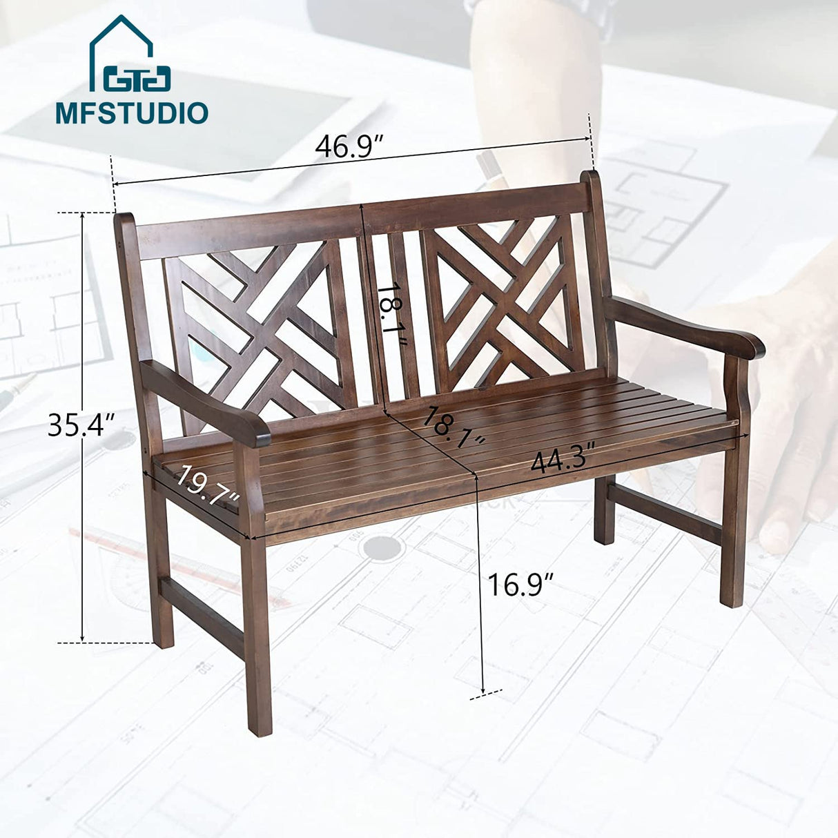 MFSTUDIO 2-Person Outdoor Acacia Wood Garden Bench with Backrest and Armrests, Durable Slatted Seat for Patio, Porch, and Yard - Brown MFSTUDIO