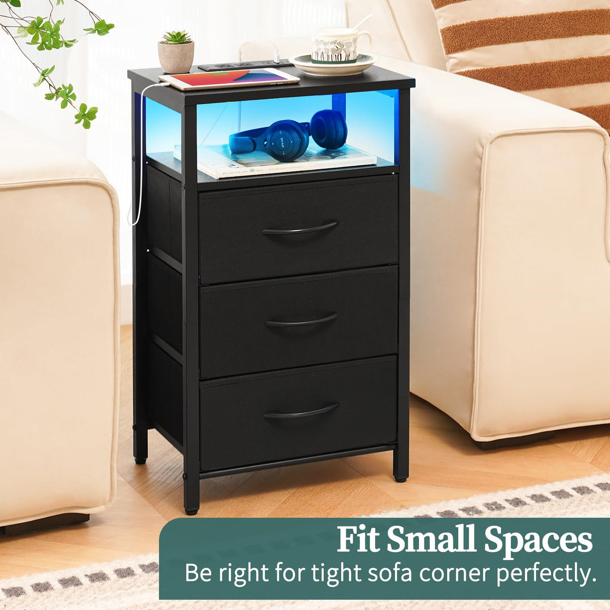 Yoobure Night Stand with Charging Station, 16 Colors LED Nightstand with USB Ports and Outlets, End Table with 3 Fabric Drawers and Storage Shelf, Bedside Tables Small Dresser for Small Space Black Yoobure