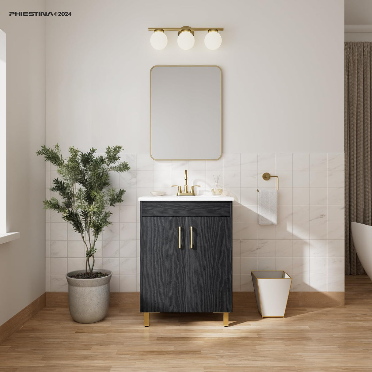 phiestina Fully Pre-Assembled Black 24 Inch Bathroom Vanity with Single Ceramic Countertop Sink Combo, 2 Soft Close Doors Bathroom Cabinet Set, Faucet Not Included,BV01-BLACK-JH phiestina