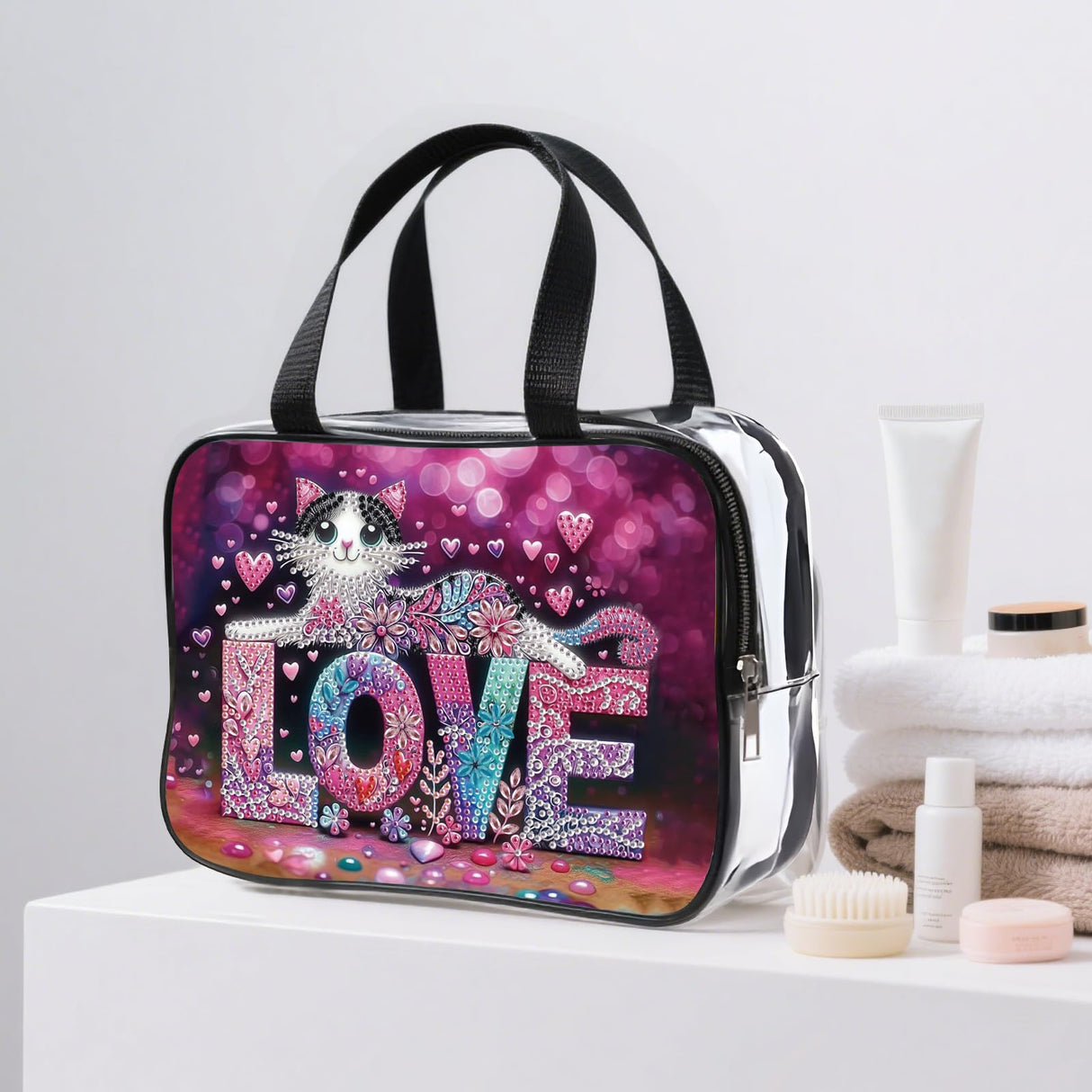 DIY diamond painting makeup bag kit, cat pattern sequined makeup storage bag with zipper, portable travel toiletries bag, as a handmade creative gift Tontut