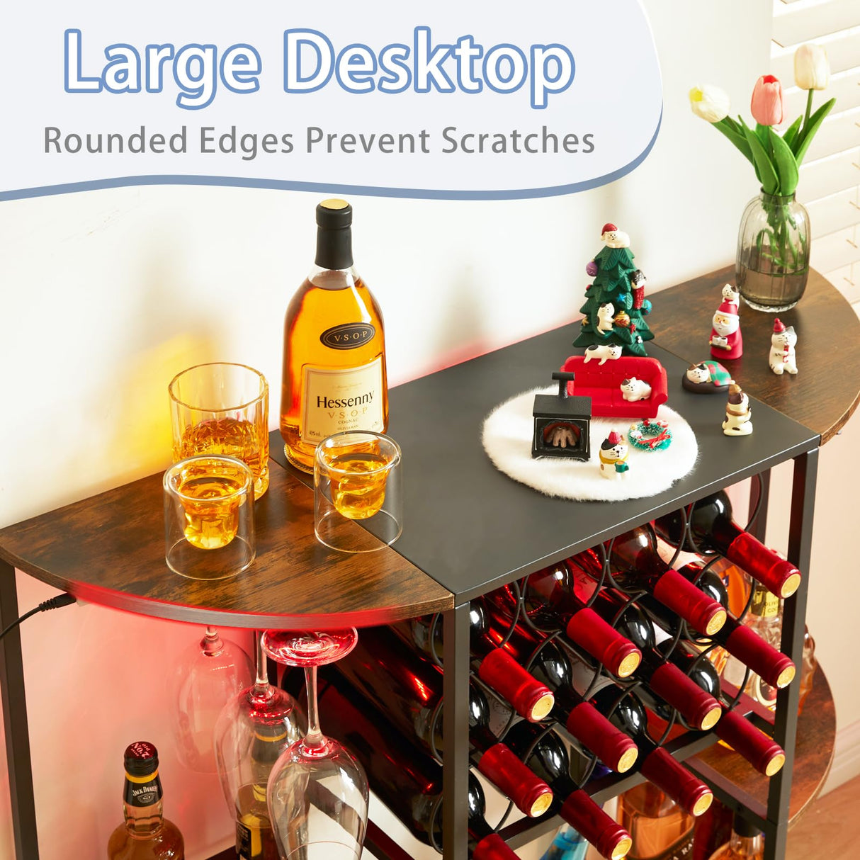 JKsmart Wine Bar Cabinet with LED Lights, Mini Wine Rack with Storage and Glass Holder, Home Mini Bar Cabinet for Liquor, 3-Tier Coffee Bar Storage for Kitchen, Dining Room, Living Room, Rustic Brown JKsmart