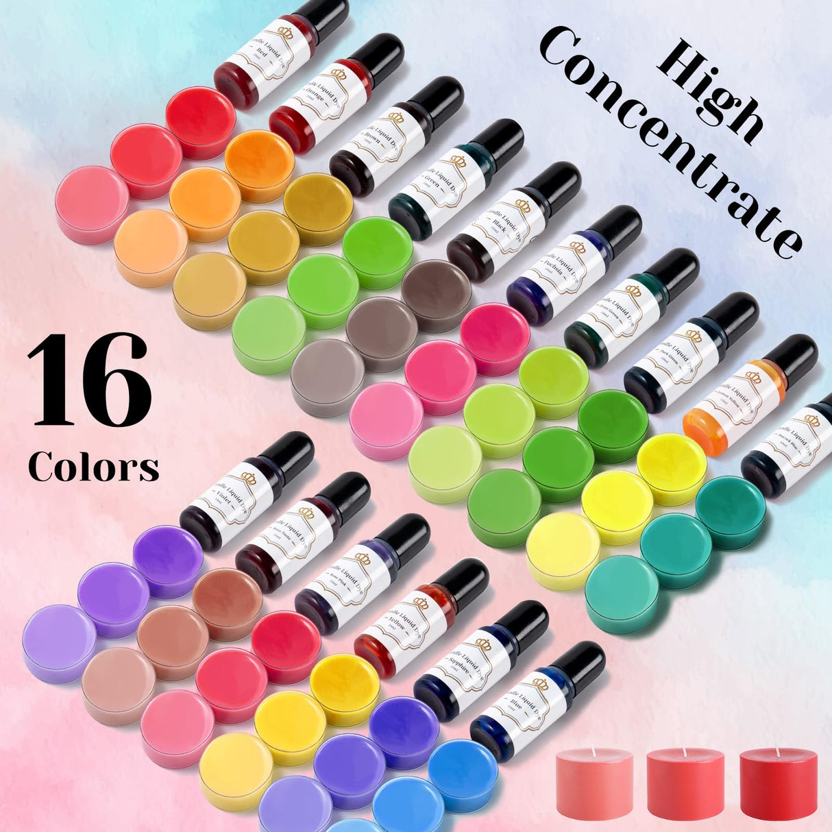 HTVRONT Candle Dye - 16 Vivid Colors Liquid Candle Wax Dye, High Concentrate Candle Dye for Soy Wax, Beeswax, Gel Wax, Palm Wax - 10ml/ 0.35 oz HTVRONT