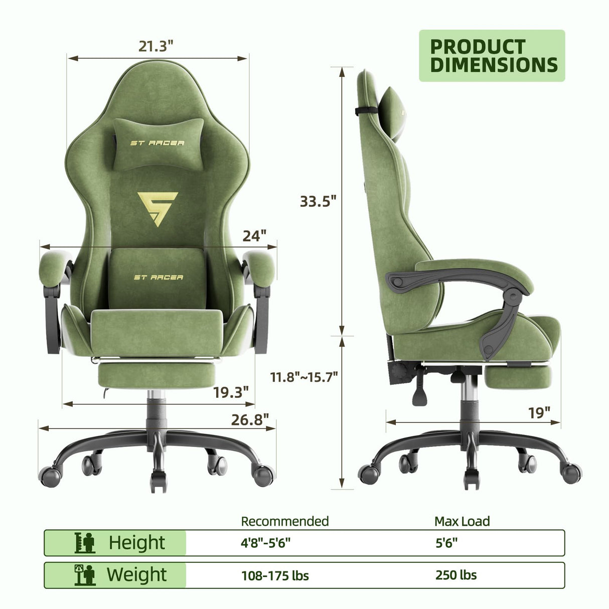 Ferghana Velvet Fabric Ergonomic Gaming Chair with Footrest and Massage, High Back Reclining Computer Gamer Chair for Adult, Racing Style PC Video Game Chair Suitable for Home Office (Green) Ferghana