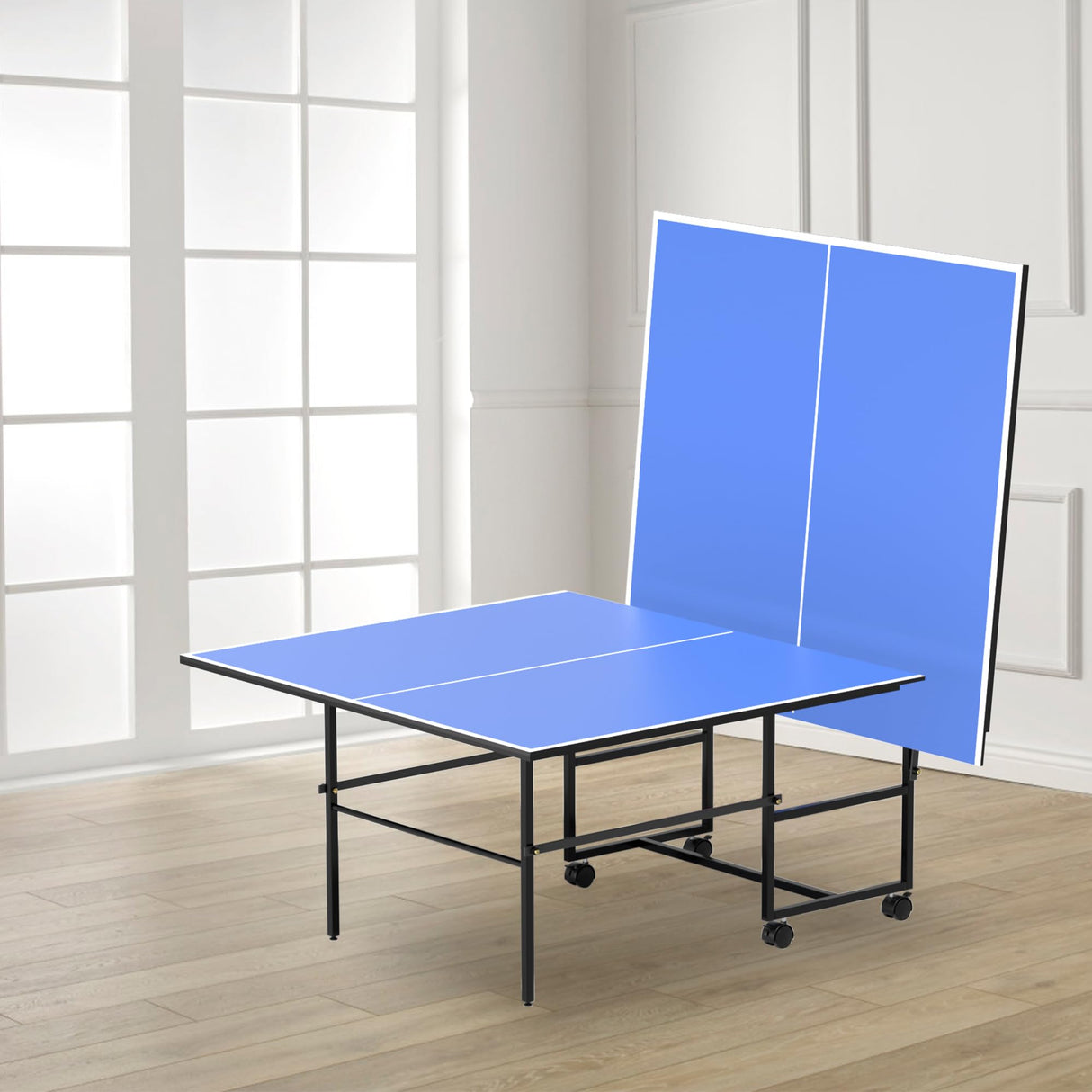 9ft Mid-Size Folding Rolling Ping Pong, Foldable & Portable Ping Pong Table Set for Indoor Games with Net, 2 Table Tennis Paddles and 3 Balls, Size 108 * 60 * 30Inch HIMcup