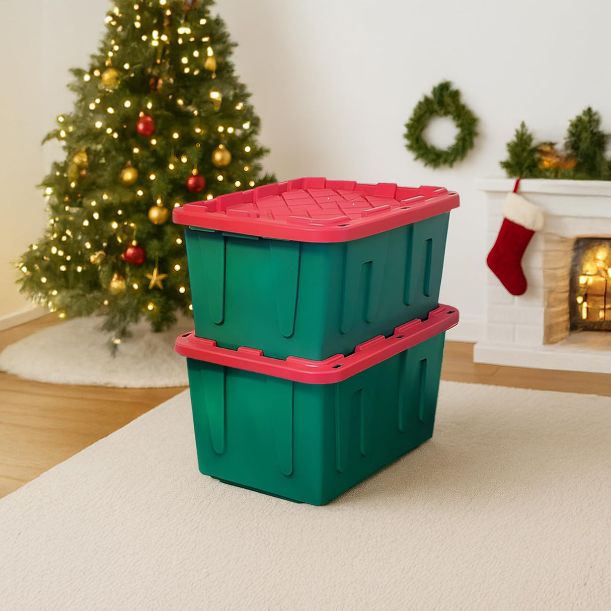 HOMZ 2-Pack Durabilt, Heavy Duty Plastic Storage Bins with Lids, 27 Gallon, Green/Red - Stackable Container Boxes for Holiday, Attic, and Garage Organization HOMZ