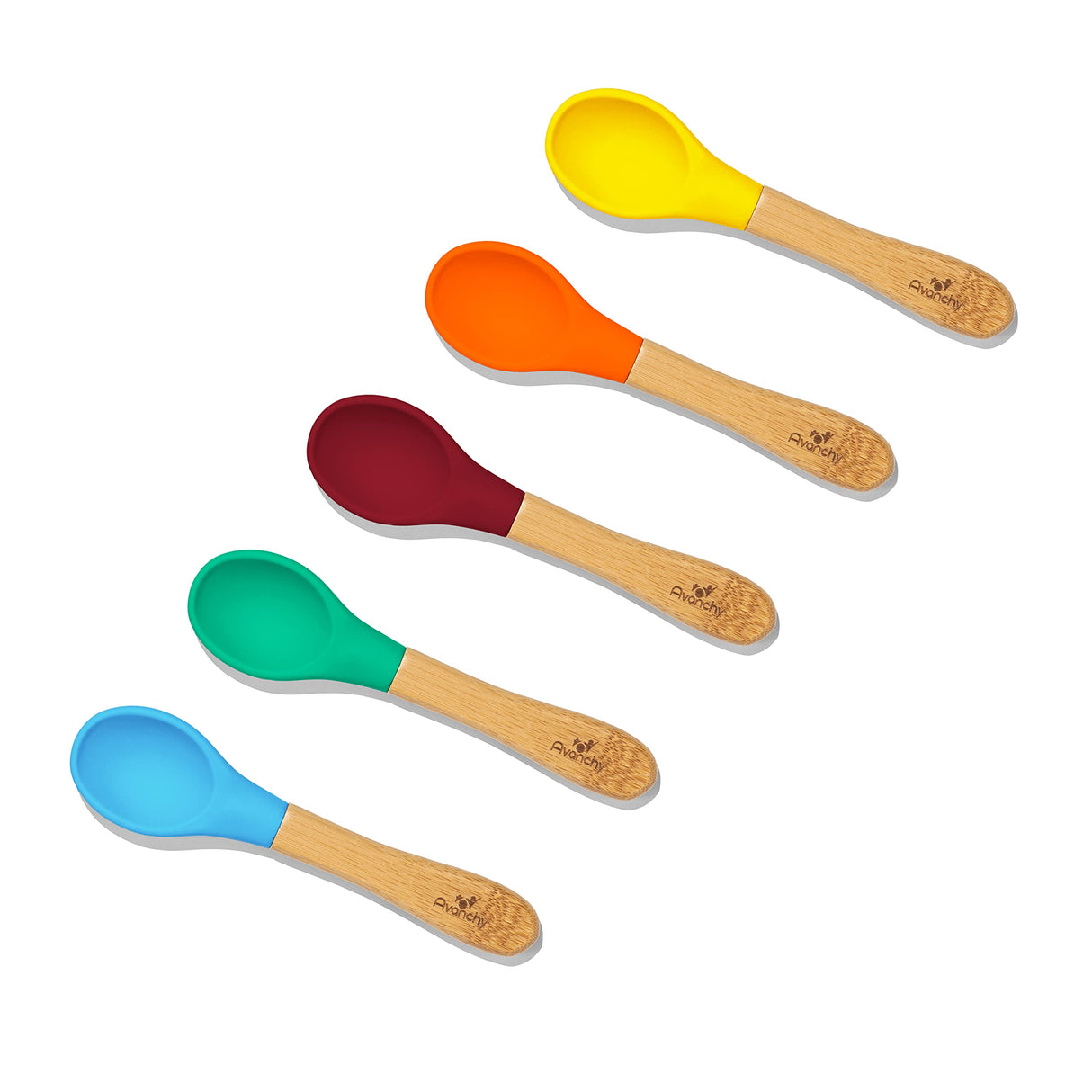 Avanchy Baby Spoons 5 Bamboo and Silicone Set, Self Feeding Food Utensils, 4 Months Baby Led Weaning, 5 Pack W/Blue Avanchy