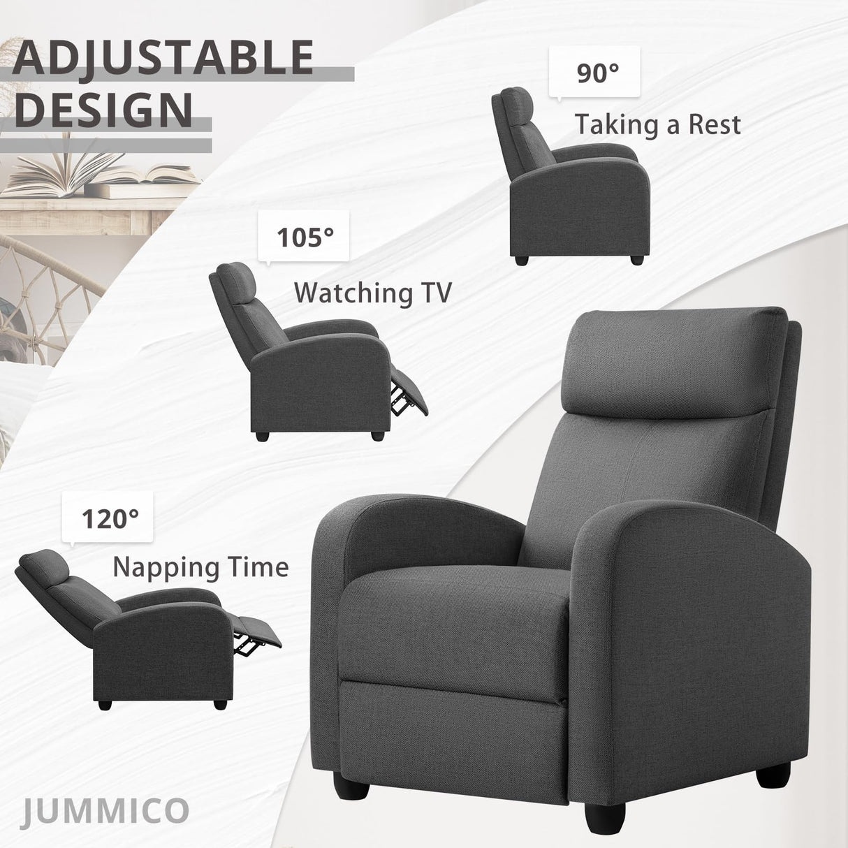 JUMMICO Recliner Chair Adjustable Home Theater Single Recliner Sofa Furniture with Thick Seat Cushion and Backrest Modern Living Room Recliners (Fabric, Aurora Grey) JUMMICO