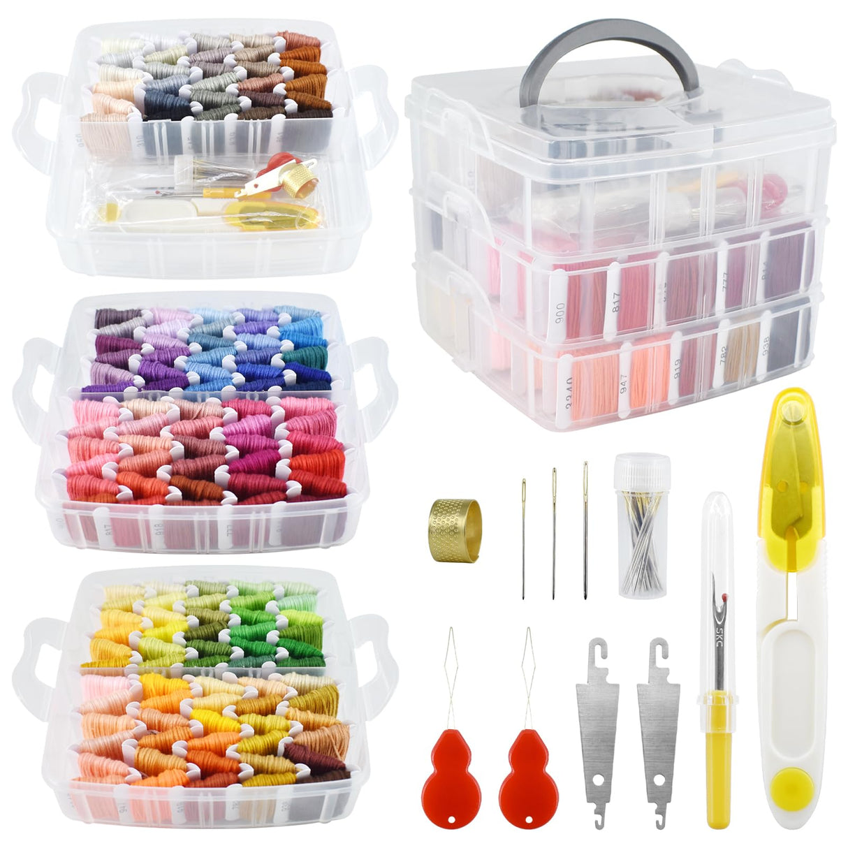 187 Pcs Embroidery Thread Floss Kit, 150 Colors Cross Stitch Threads Friendship Bracelet String and 37pcs Tools kit for Friendship Bracelets Arts DIY Crafts with 3-Tier Transparent Organizer Box Renashed