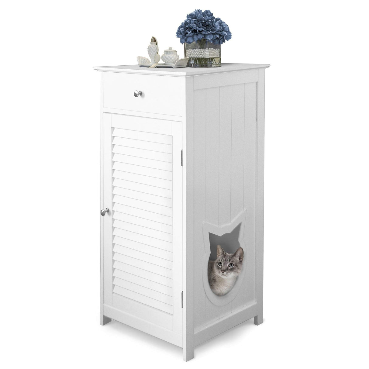 Penn-Plax Cat Walk Furniture: Contemporary Home Cat Litter Enclosure - Storage Drawer, Inner Shelf, and Shutter Style Door - White Penn-Plax