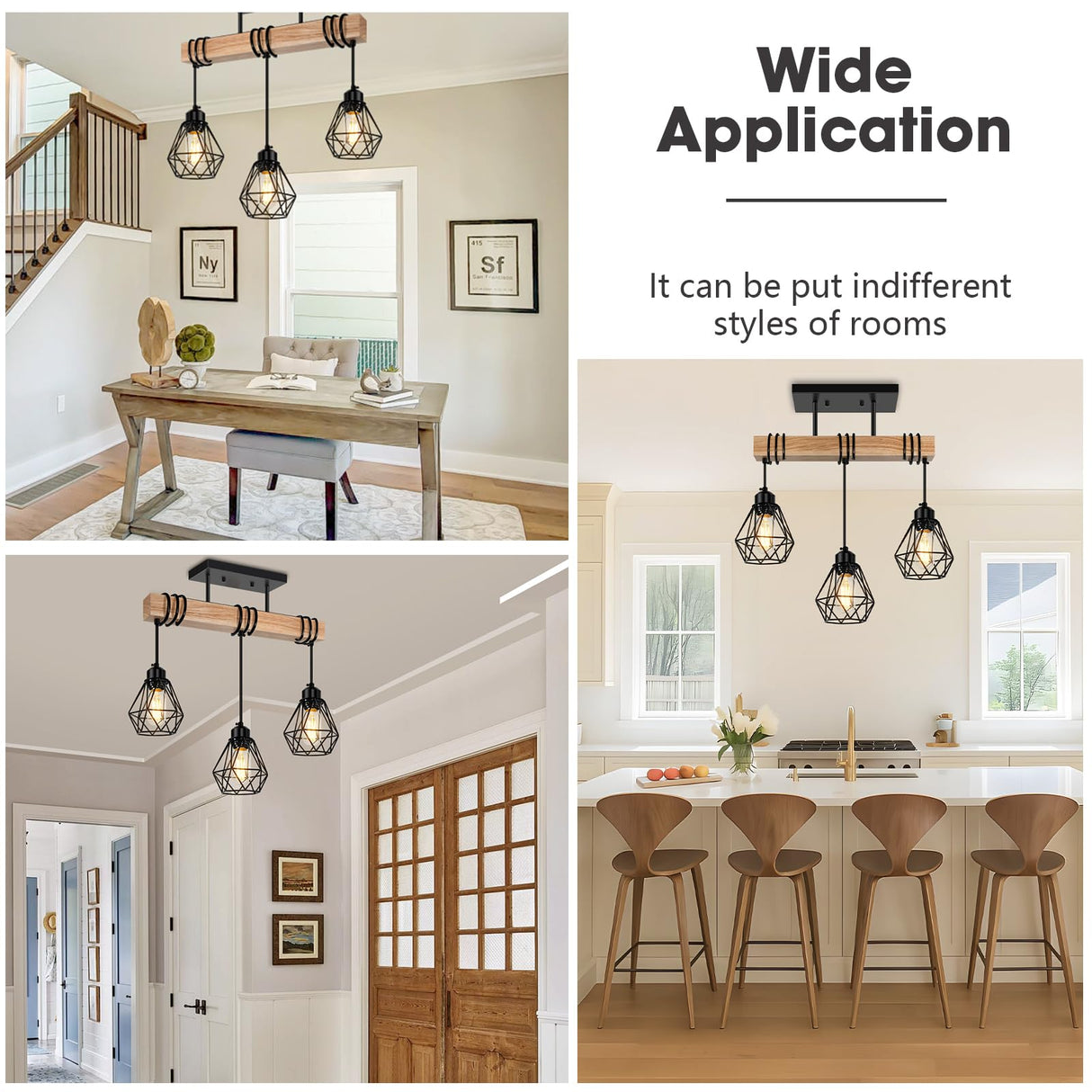 Feanron 3-Lights Farmhouse Dining Room Pendant Light Fixtures Over Table, Rustic Solid Wood Kitchen Island Lighting Hanging with Metal Shades, Modern Black Ceiling Pendant Lamp for Living Room Hallway Feanron