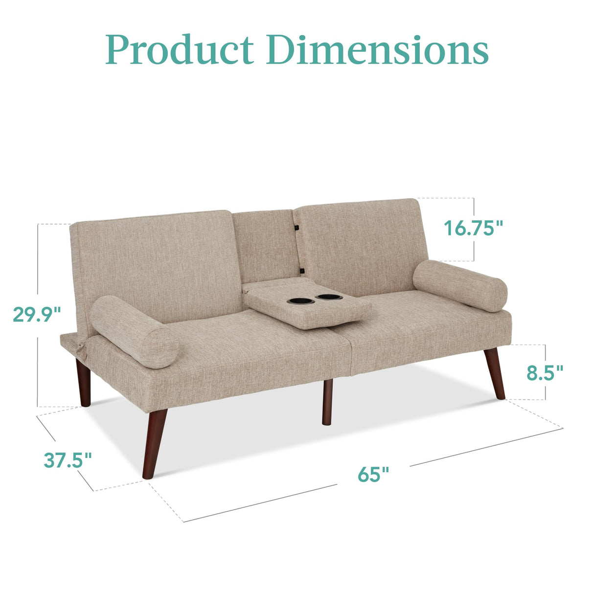 Best Choice Products Mid-Century Modern Upholstered Futon, Convertible Folding Sofa Bed, Small Couch w/Rounded Armrests, 2 Cupholders - Sand Best Choice Products