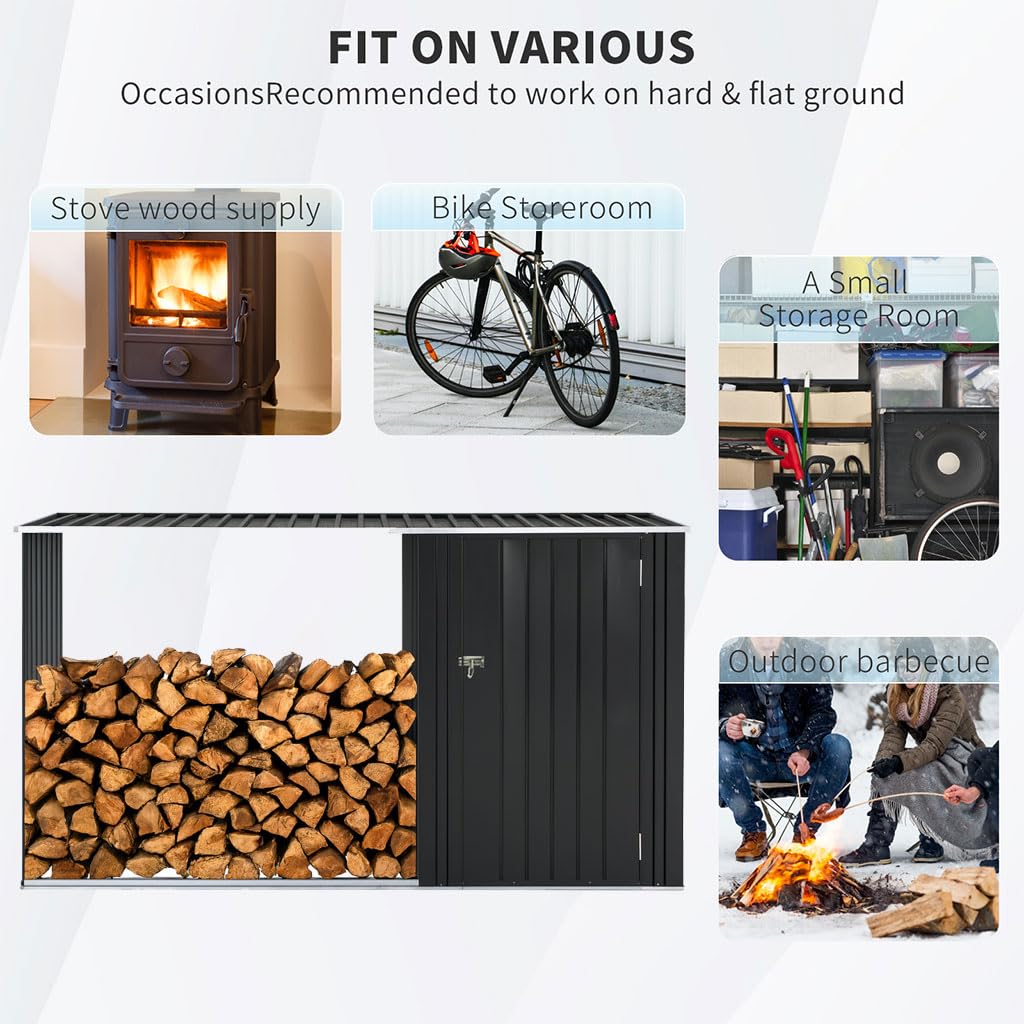 CWKISS 2-in-1 Outdoor Garden Storage Shed with Firewood Rack, Heavy Duty Galvanized Steel Tool Shed with Sloped Roof, Weather-Resistant Backyard Storage for Tools, Equipment & Firewood CWKISS