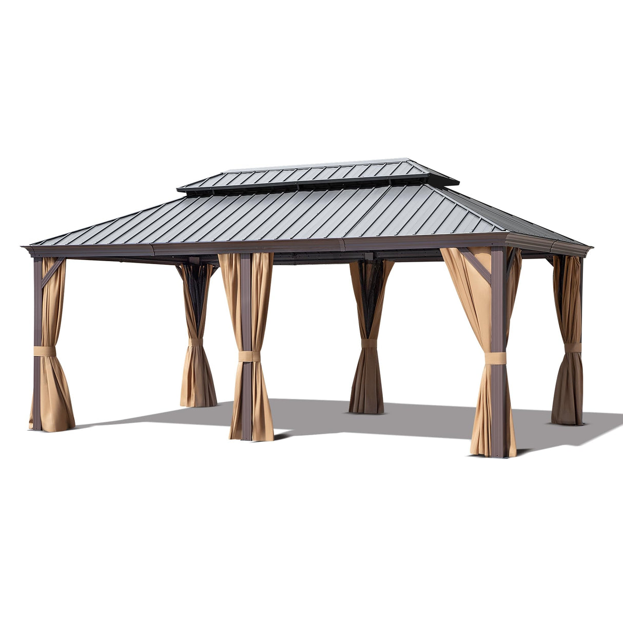 Gardenbee 12x18 ft Gazebo Double Roof Canopy with Netting and Curtains, Outdoor Gazebo 2-Tier Hardtop Galvanized Aluminum Frame Garden Tent for Patio, Backyard, Deck and Lawns Gardenbee