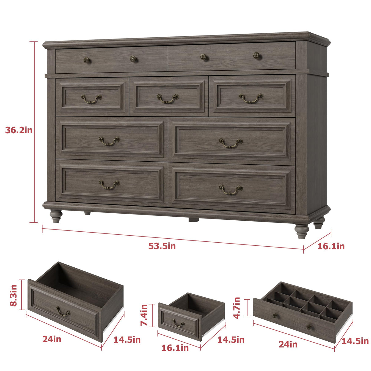 Jocoevol Farmhouse Dresser for Bedroom 9 Drawer Dresser with Deep Drawers, Tall Grey Big Large Wooden Chest of Drawers for Living Room, Hallway, Entryway (Grey, 9 Drawer) Jocoevol
