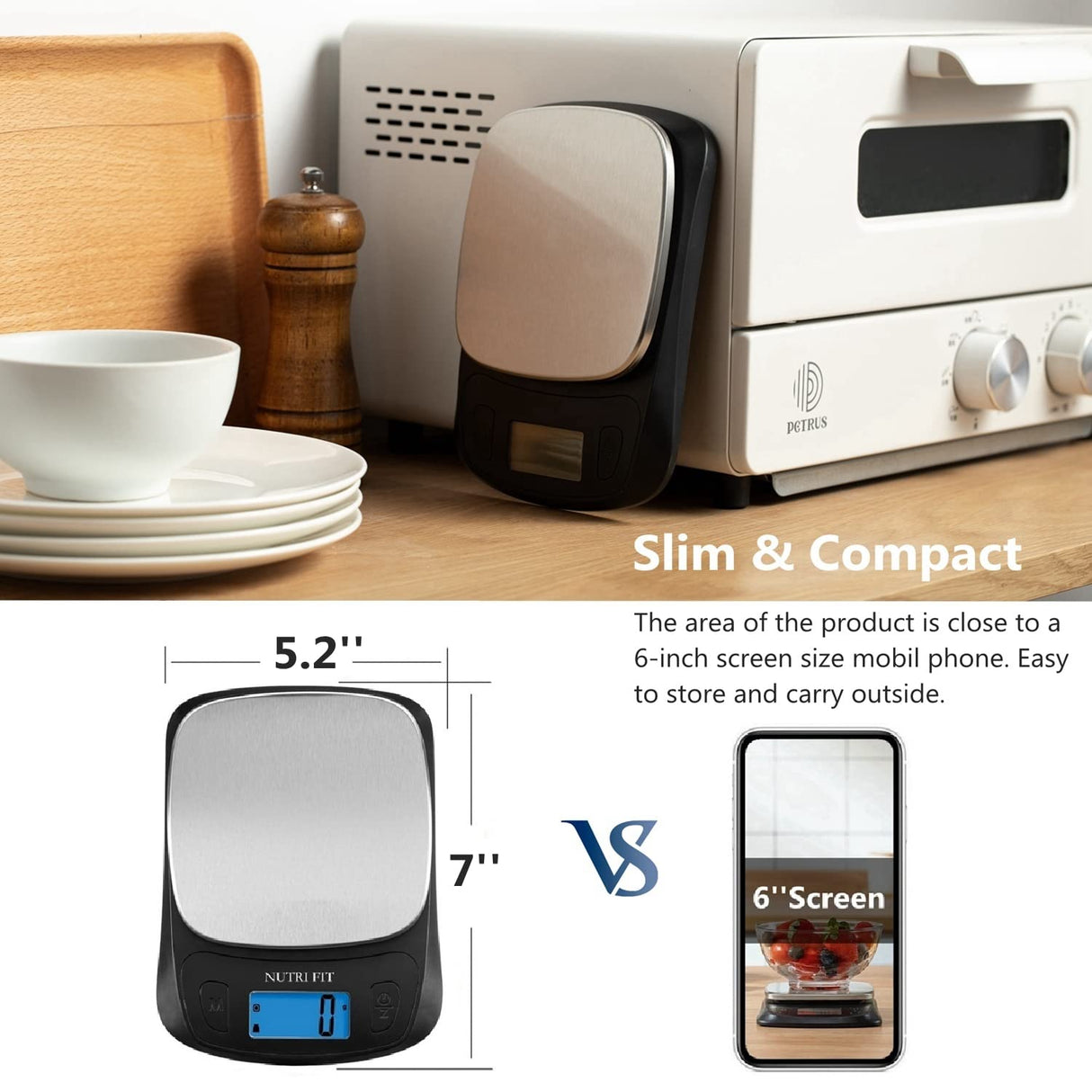 NUTRI FIT Ultra Slim Kitchen Scale Digital Food Weight Scale for Baking Cooking in Grams and Ounces Tare & Backlit LCD Display 11lb 5kg Capacity- Black/Stainless Steel NUTRI FIT