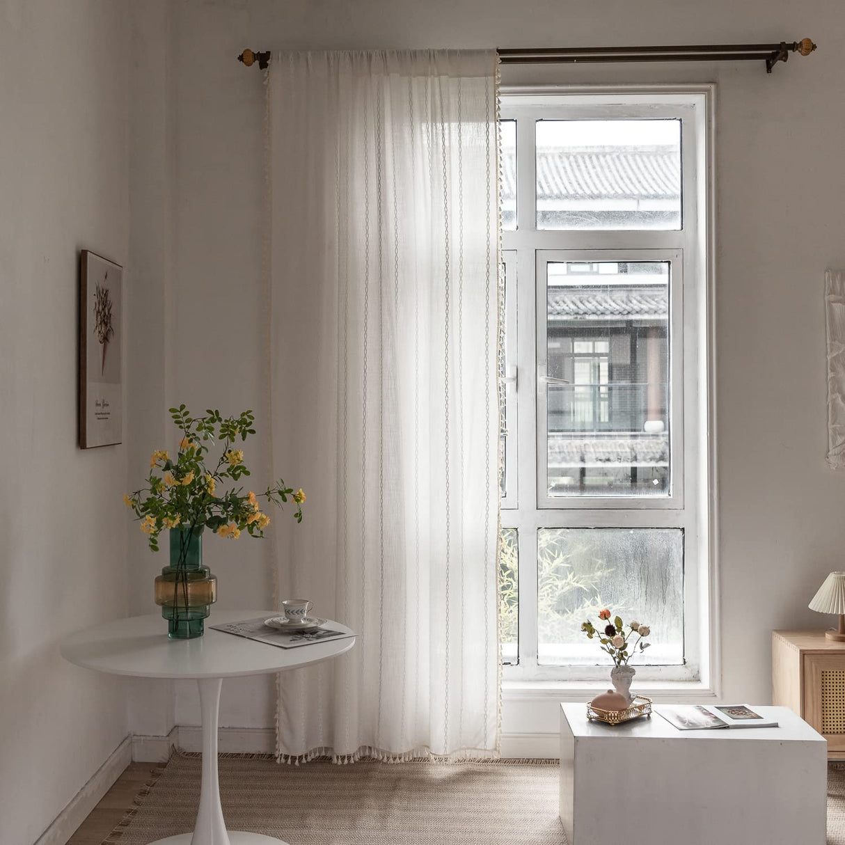 Deeprove White Boho Curtains 72 inches Long with Tassel for Bedroom Living Room, Bohemian Moroccan Sheer Embroidery Rustic Farmhouse Cotton Linen French Country Window Drape, W52 x L72, 1 Panel Deeprove