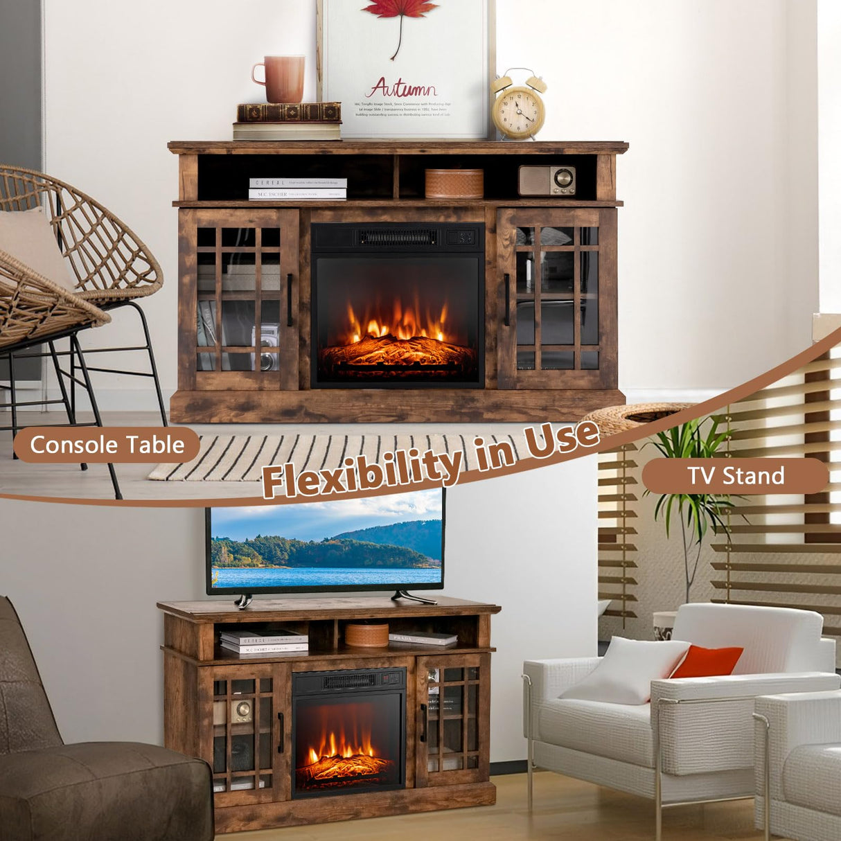 COSTWAY Electric Fireplace TV Stand for TVs Up to 55 Inches, 18-Inch Fireplace Insert with Remote, Overheat Protection, 48-Inch Wooden Media Entertainment Center with Adjustable Shelves, Brown COSTWAY