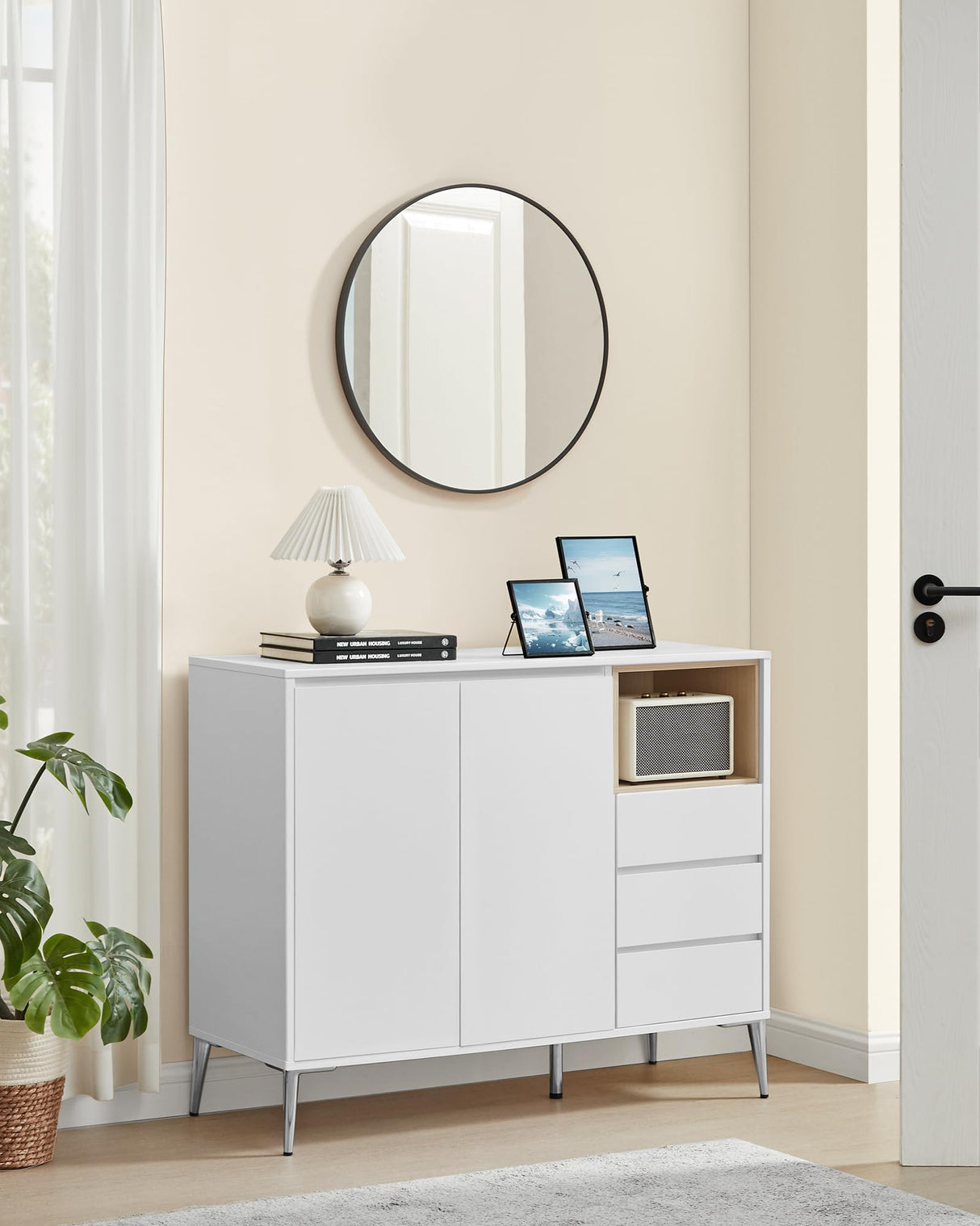 VASAGLE Sideboard, Buffet Cabinet with Doors and Height Adjustable Shelf, 3 Drawers, Open Compartment, Modern, 15.7 x 40.7 x 33.5 Inches, for Living Room, Kitchen, Study, Cloud White UBBK273W11 VASAGLE