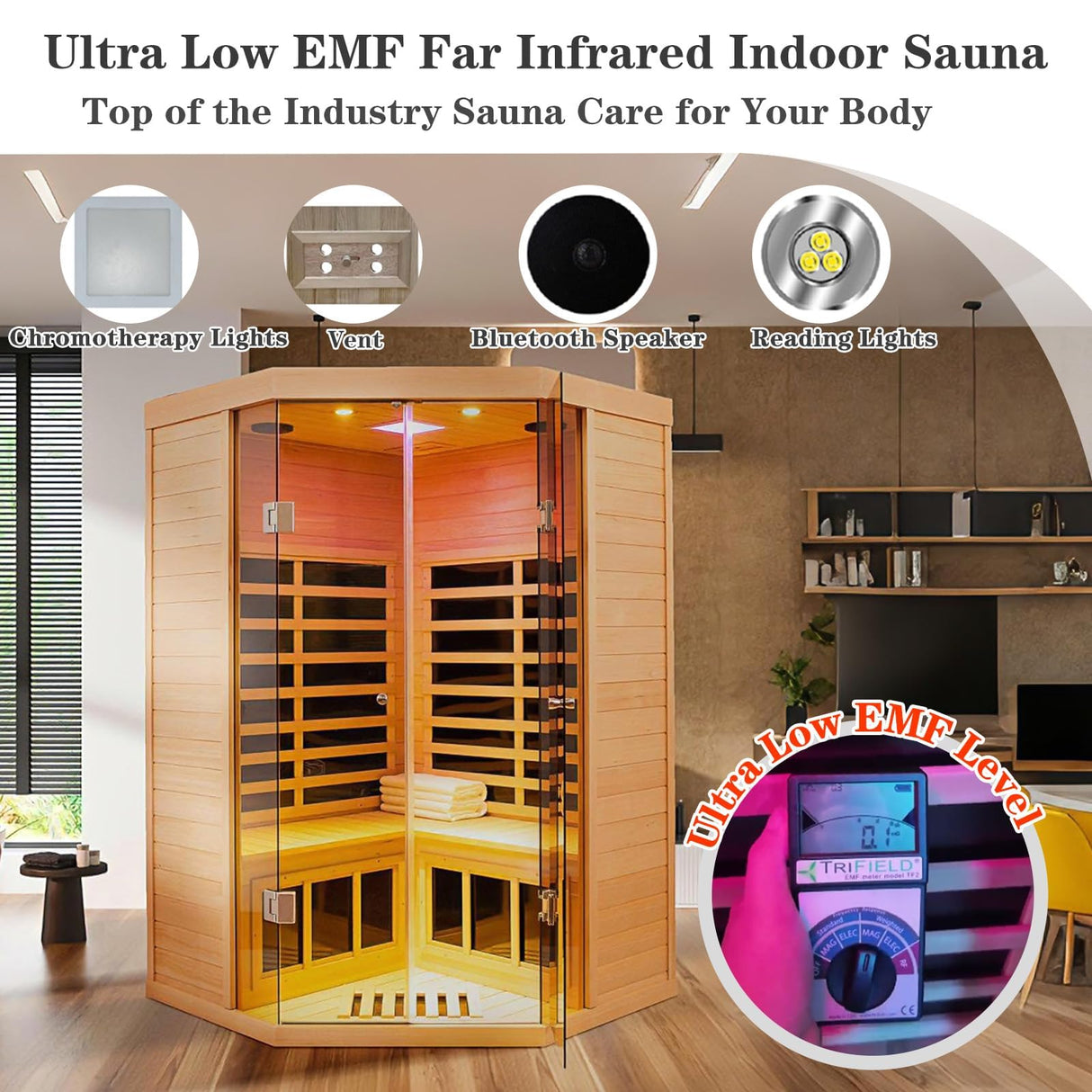 2-3 Person Ultra Low EMF(0-5mG) Far Infrared Sauna, 1520w Hemlock Indoor Sauna Room with APP Control, LCD Panel Control, Constant Temperature Cover, Chromotherapy Lamp, Reading Lamp, Bluetooth Speaker KUNSANA