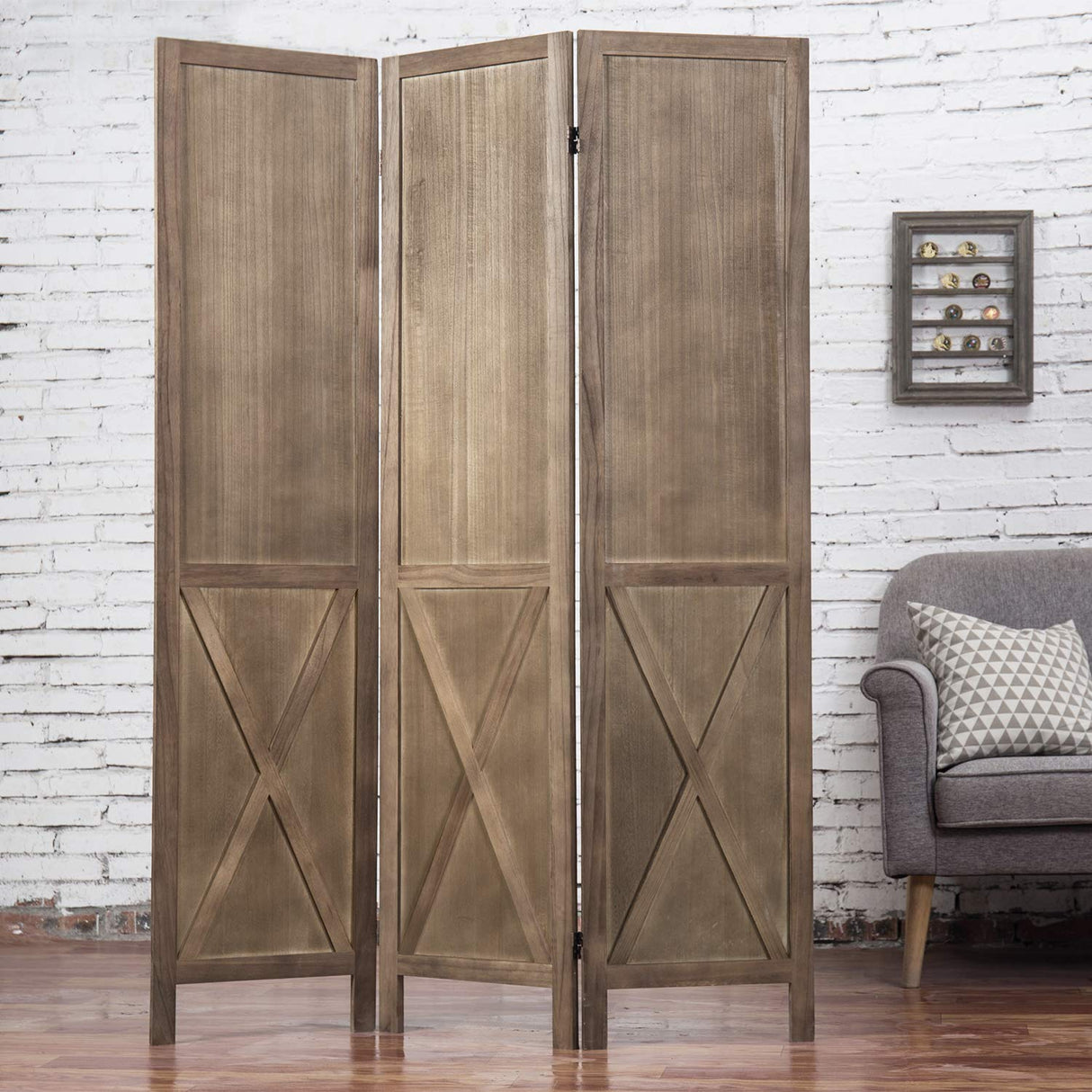 MyGift 3-Panel Burnt Wood Room Divider Folding Burn Wood Privacy Screens for Room Separation with Dual-Action Hinges MyGift
