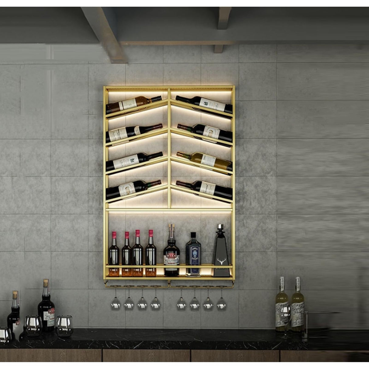 SUZEPER LED Industrial Wine Rack Wall Mounted,with Wine Glass Rack Floating Bar Shelves,Rack Iron Display Stand Wine Holder,Storage Racks Countertop,for Home Restaurant Bars SUZEPER