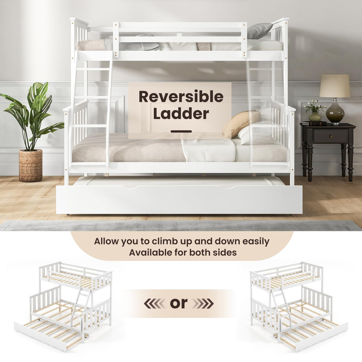 Giantex 3-in-1 Convertible Twin Over Full Bunk Bed with Trundle - Solid Wood, Reversible Ladder & Safety Guardrails - White Giantex