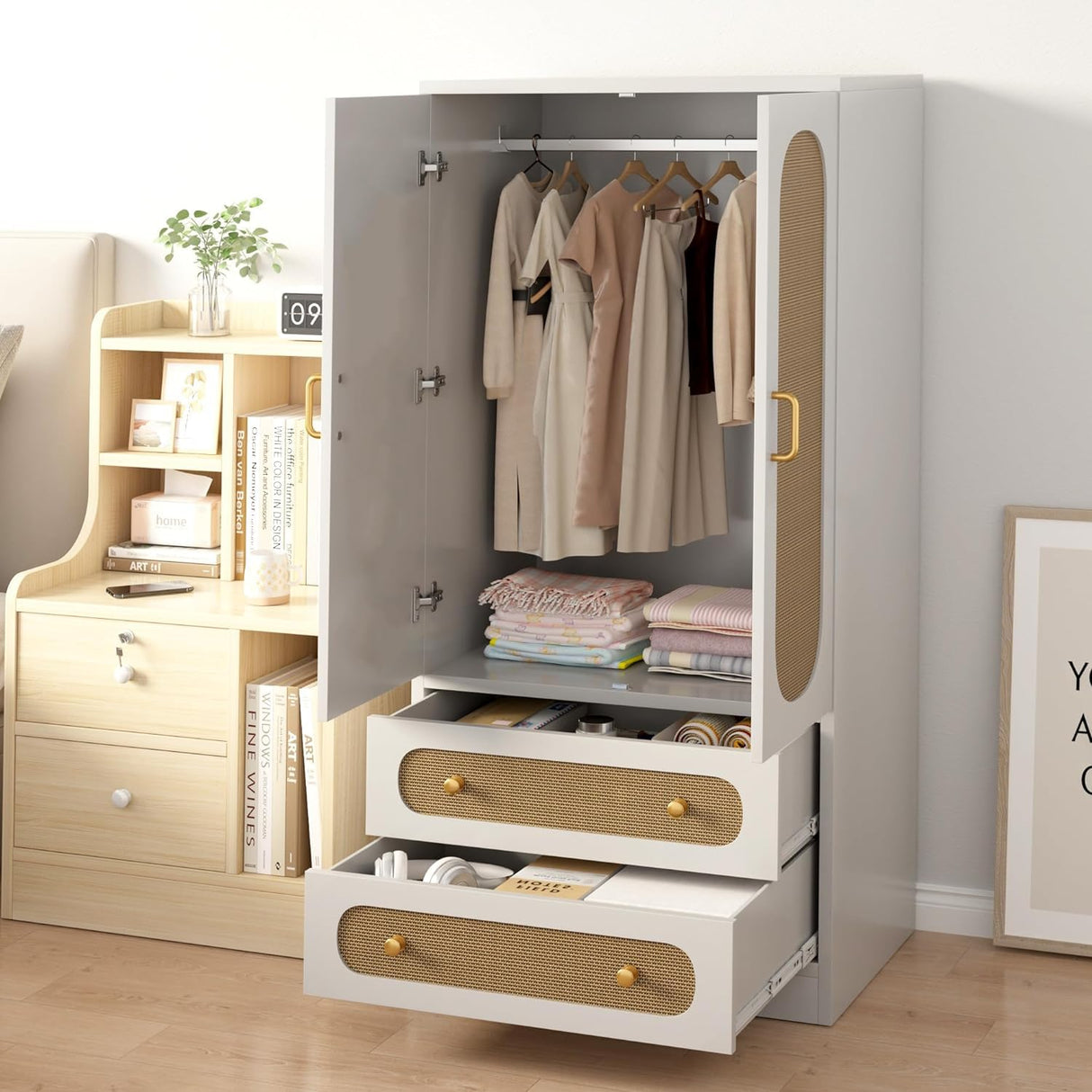 JZXSHD White Armoire Wardrobe Closet with Drawers, Rattan Wardrobe Cabinet with 2 Wood Door & Hanging Rail, Armoire Wardrobe Closet for Bedroom, Gym, Cloak Room JZXSHD