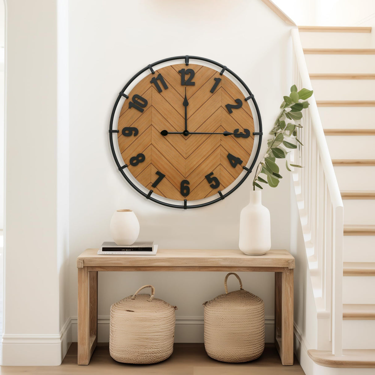 Micasso Large Farmhouse Wall Clock: 27 Inch Rustic Antique Wood Silent Battery Operated Clock with Metal Circle and Large Numerals for Living Room/Bedroom/Office Micasso