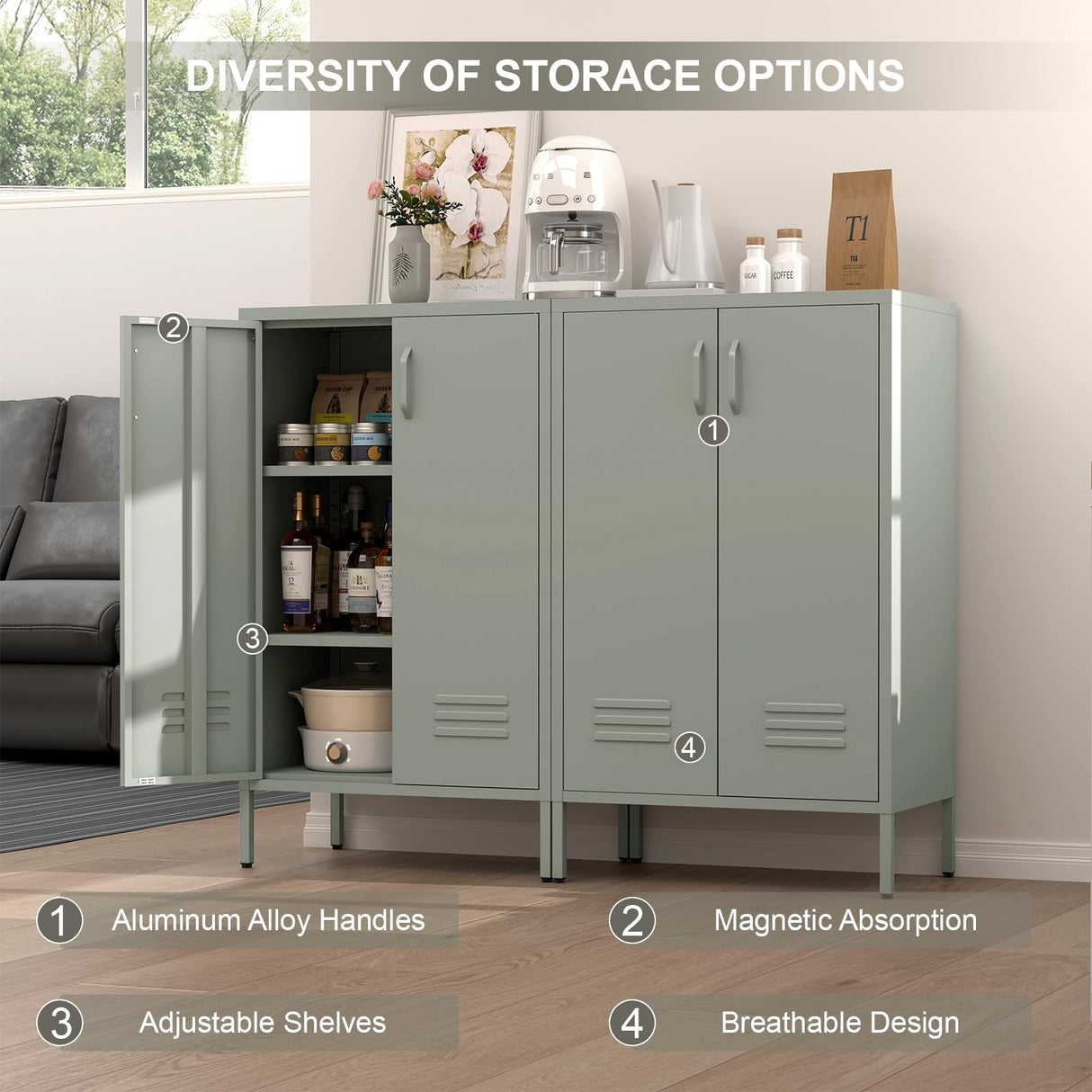 IRONFFICE Entryway Cabinet,Metal Locker Cabinet with Adjustable Shelves,Green Cabinets for Living Room,Kitchen,Outdoor IRONFFICE