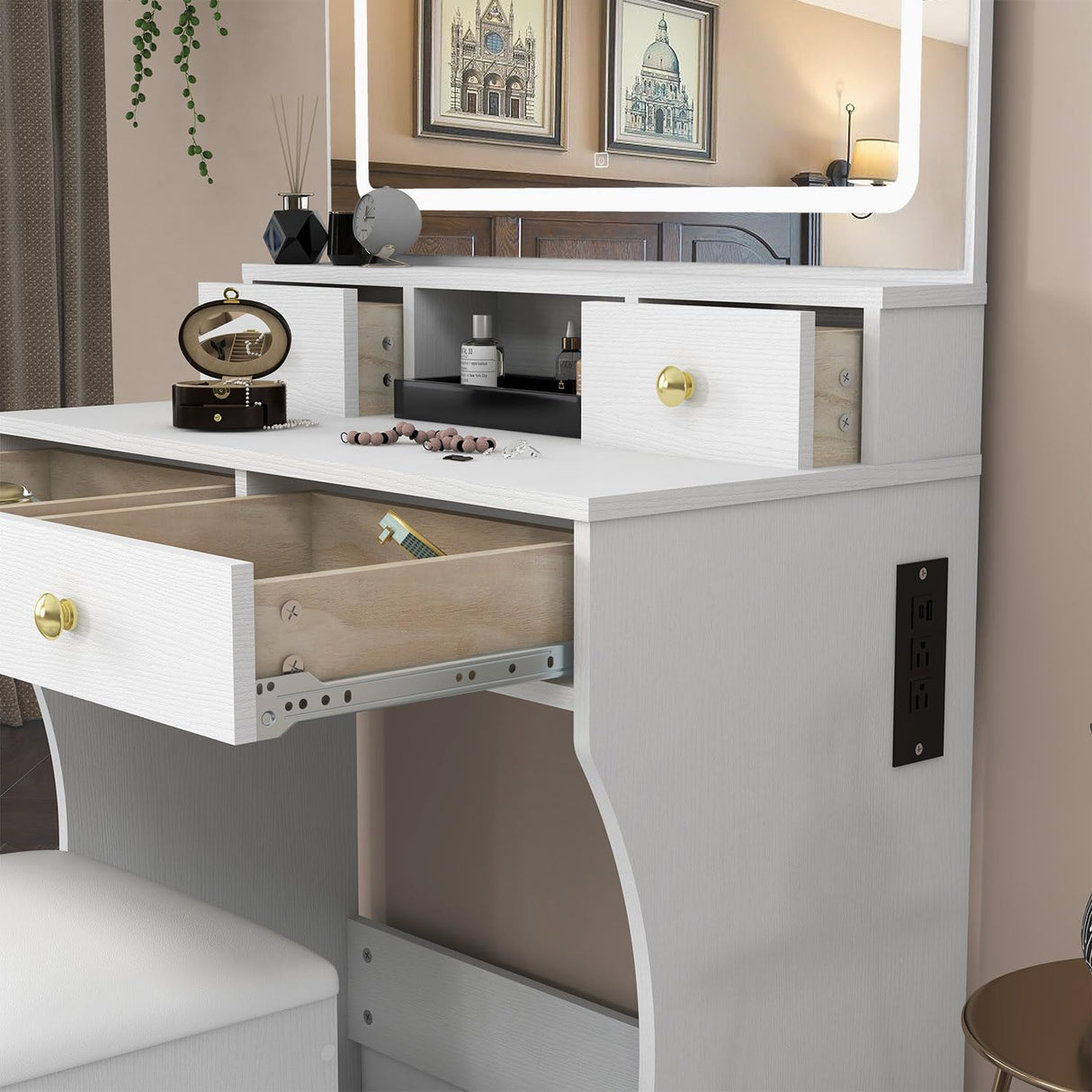 Vanity Desk Set with Adjustable LED Lighted Mirror, Girls Makeup Dressing Table with Stool and 4 Drawers Storage Makeup Table with Power Outlet for Bedroom (White) Panana