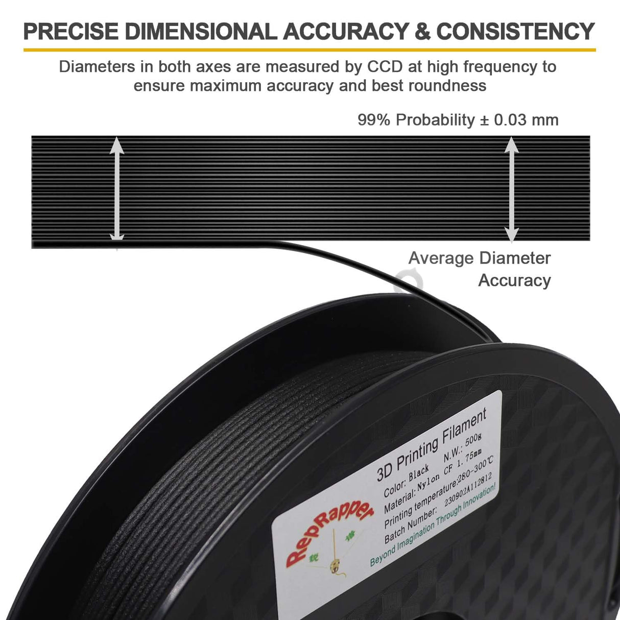 RepRapper PA12-CF 3D Printing Filament, Nylon Filament 1.75mm, 500g Nylon Carbon Fiber Filament, Black No Warping & Moisture Free 3D Printer Filament for 3D Printer RepRapper