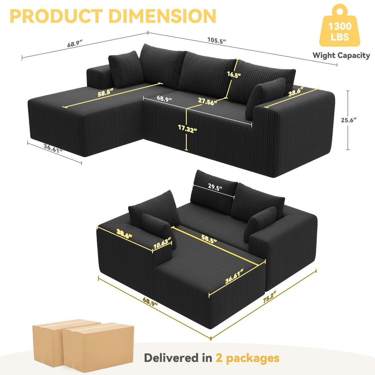 Mvpipi Boneless Couches for Living Room, L-Shaped Cloud Couch with Oversized Chaise, Modular Sectional Couch w/Deep Seat, Corduroy Comfy Sofa, No Assembly Couches for Bedroom & Apartment, Black Mvpipi