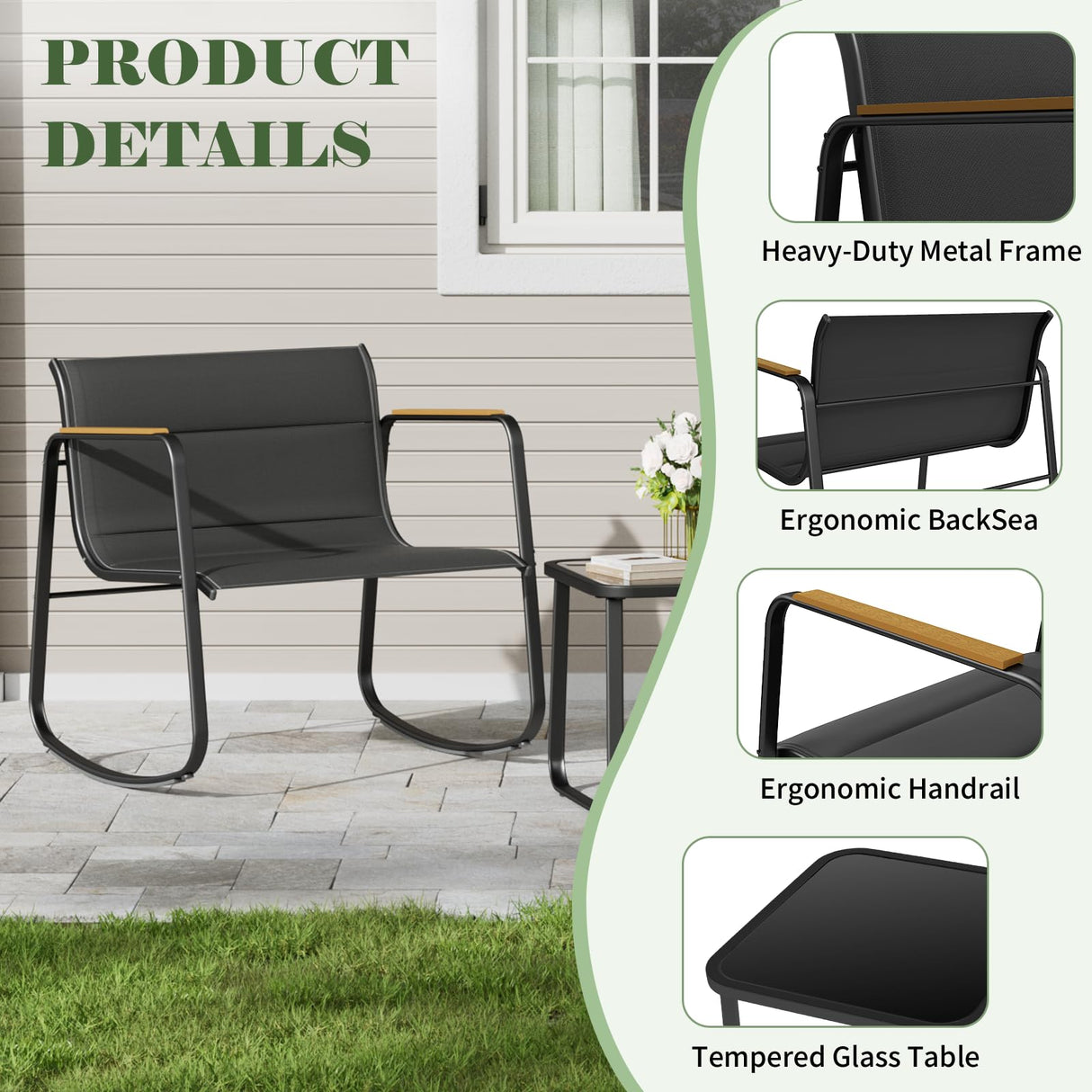 Amopatio Outdoor Table and Chair Set 3 Piece, Patio Rocking Chair, Breathable Textilene Fabric Patio Furniture Set for Porch, Poolside, Deck, Outdoor Terrace, Balcony, Garden,Black Amopatio