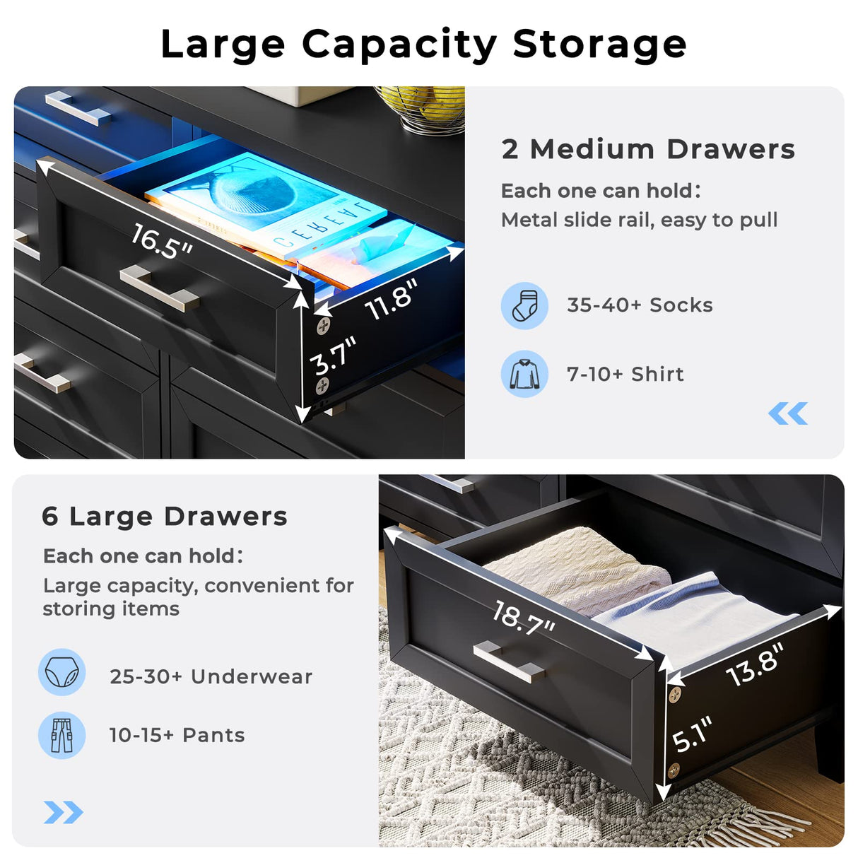 VIAGDO Dresser for Bedroom with 8 Drawers, Chest of Drawers with LED Light, Tall Wide Dresser for Storage and Organization, Black Dresser for Bedroom, Living Room, Closet VIAGDO