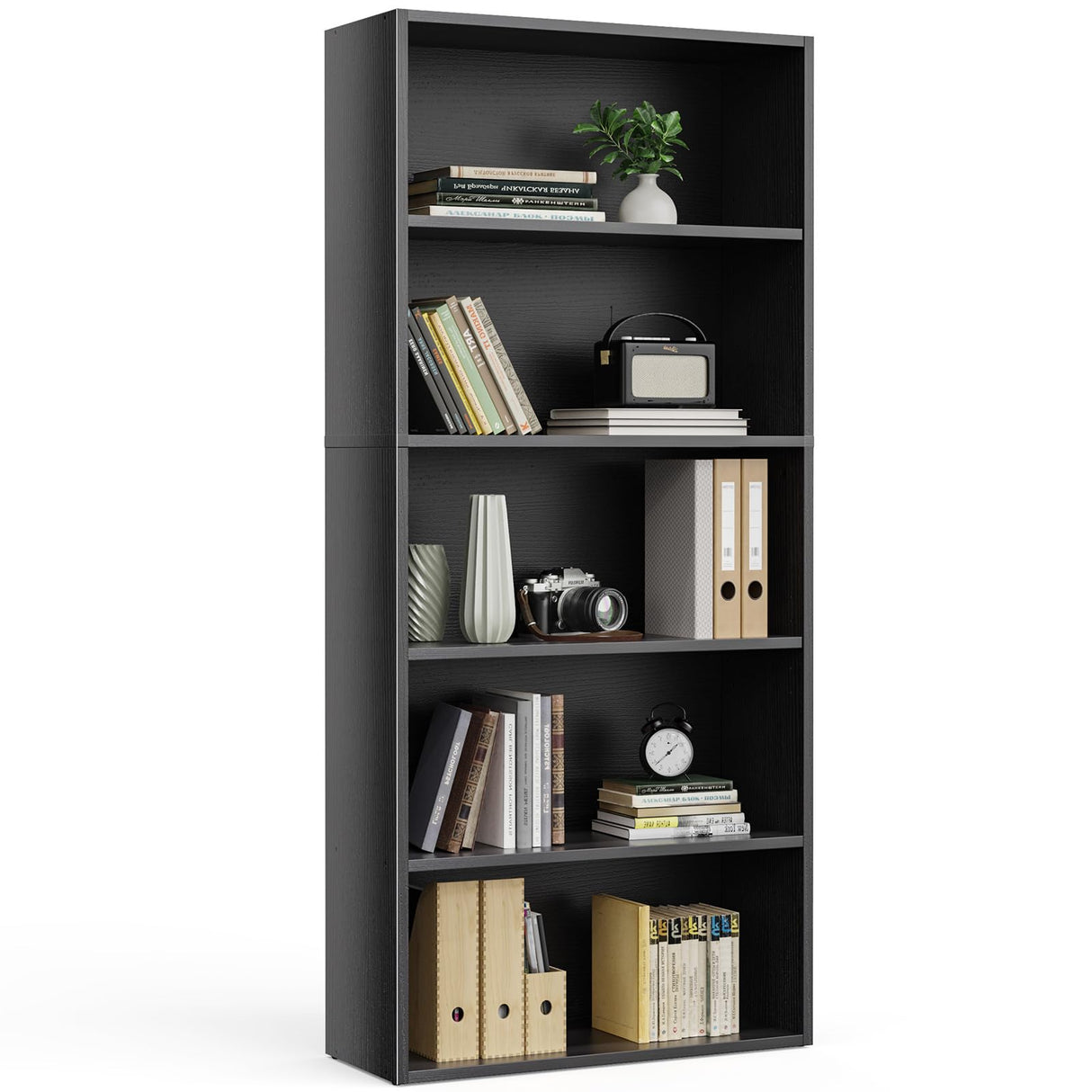 Sweetcrispy Industrial 5 Shelf Bookcase - Large 53 Inch Tall Floor Standing Open Bookshelf for Home Office, Living Room, and Bedroom Storage, Classic Black Sweetcrispy