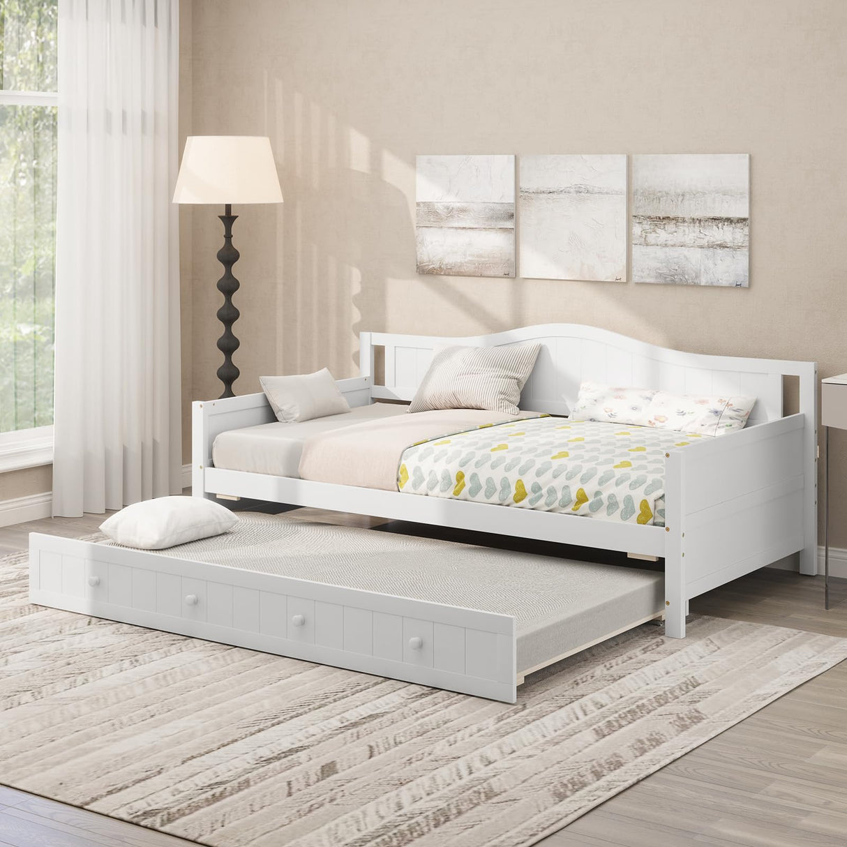 Giantex Twin Daybed with Trundle, Solid Wood Day Bed with Slats Support, Integrated Headboard & Armrests, Modern Trundle Bed Twin for Living Room, Bedroom, Guest Room, No Box Spring Needed (White) Giantex