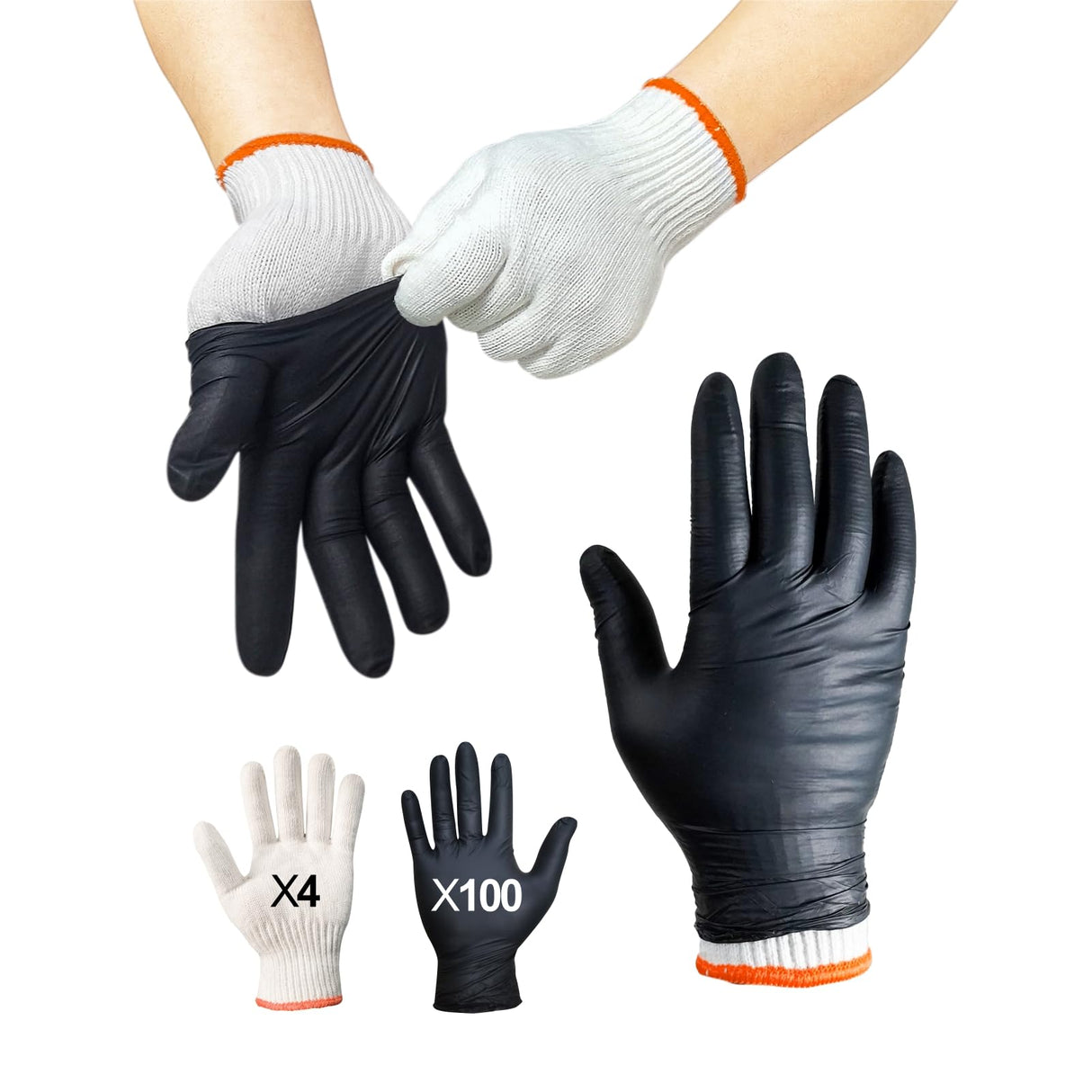 ANBOSON BBQ Gloves for Cooking Baking Grilling, 100 Count Disposable Nitrile Gloves and 4 Count Cotton Glove Liners Washable (6mil Nitrile, Large) ANBOSON
