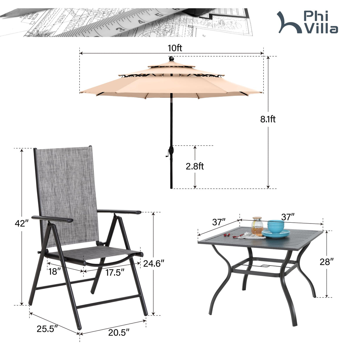 PHI VILLA Outdoor Patio Dining Set with 10ft Umbrella for 4, Outdoor Table Chairs Set with Adjustable Folding Patio Chair for Garden PHI VILLA