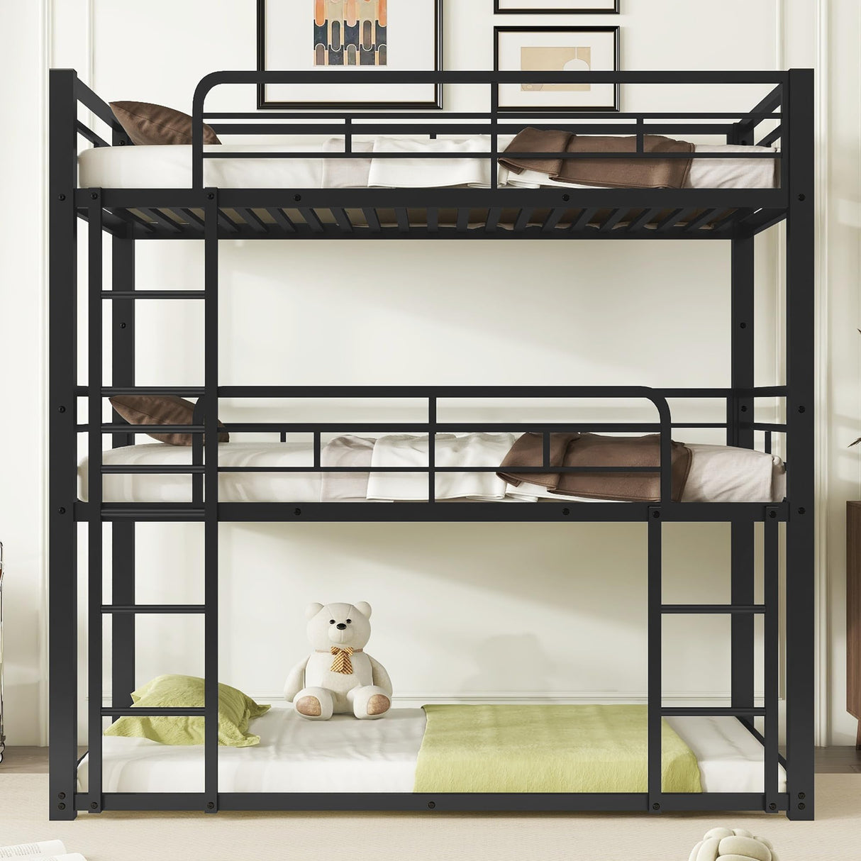 Heavy Duty Triple Bunk Bed Twin Over Twin Over Twin, Metal 3 Bunk Bed with 2 Ladder and Guardrail, Twin Size Triple Bunk Bed for Kids, Teens, Black Bellemave
