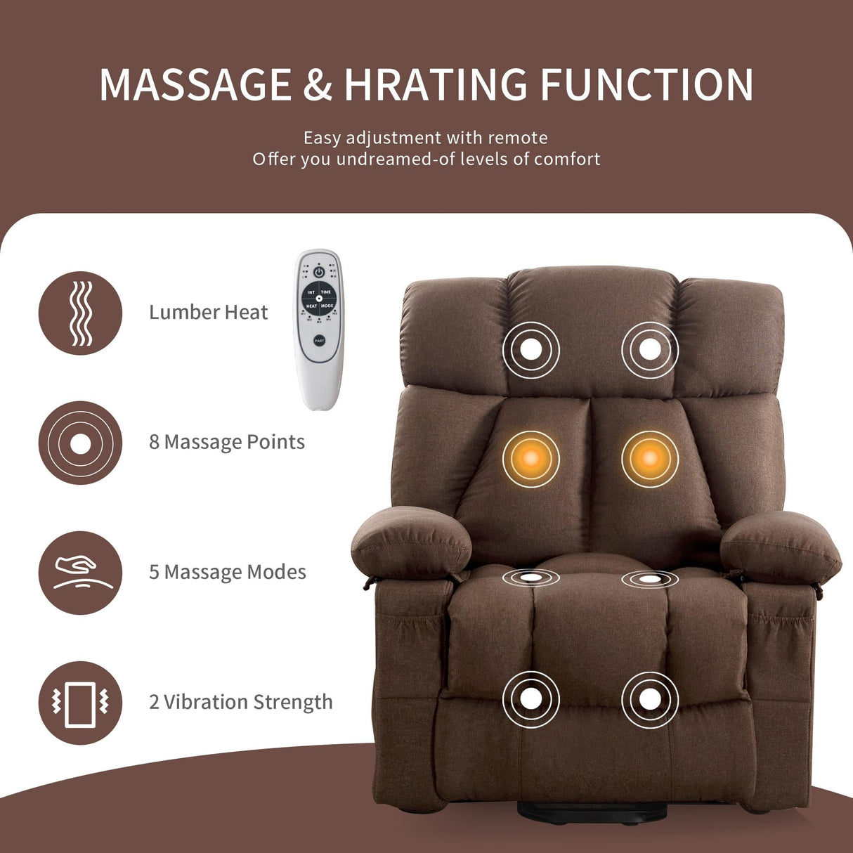 jonpony Power Lift Recliner Chair for Elderly, Lift Chair with Massage and Heat for Living Room, Fabric Electric Recliner Chairs with Side Pockets, USB Charge Port,Brown jonpony