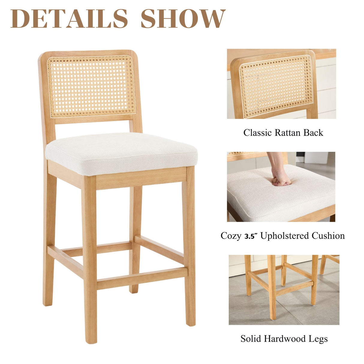 Counter Height Bar Stools Set of 2, Farmhouse Rattan Bar Stool with Back, Upholstered Wooden Barstools Mid Century Modern Breakfast Bar Chairs for Kitchen Island, Chenille Beige WAHSON OFFICE CHAIRS